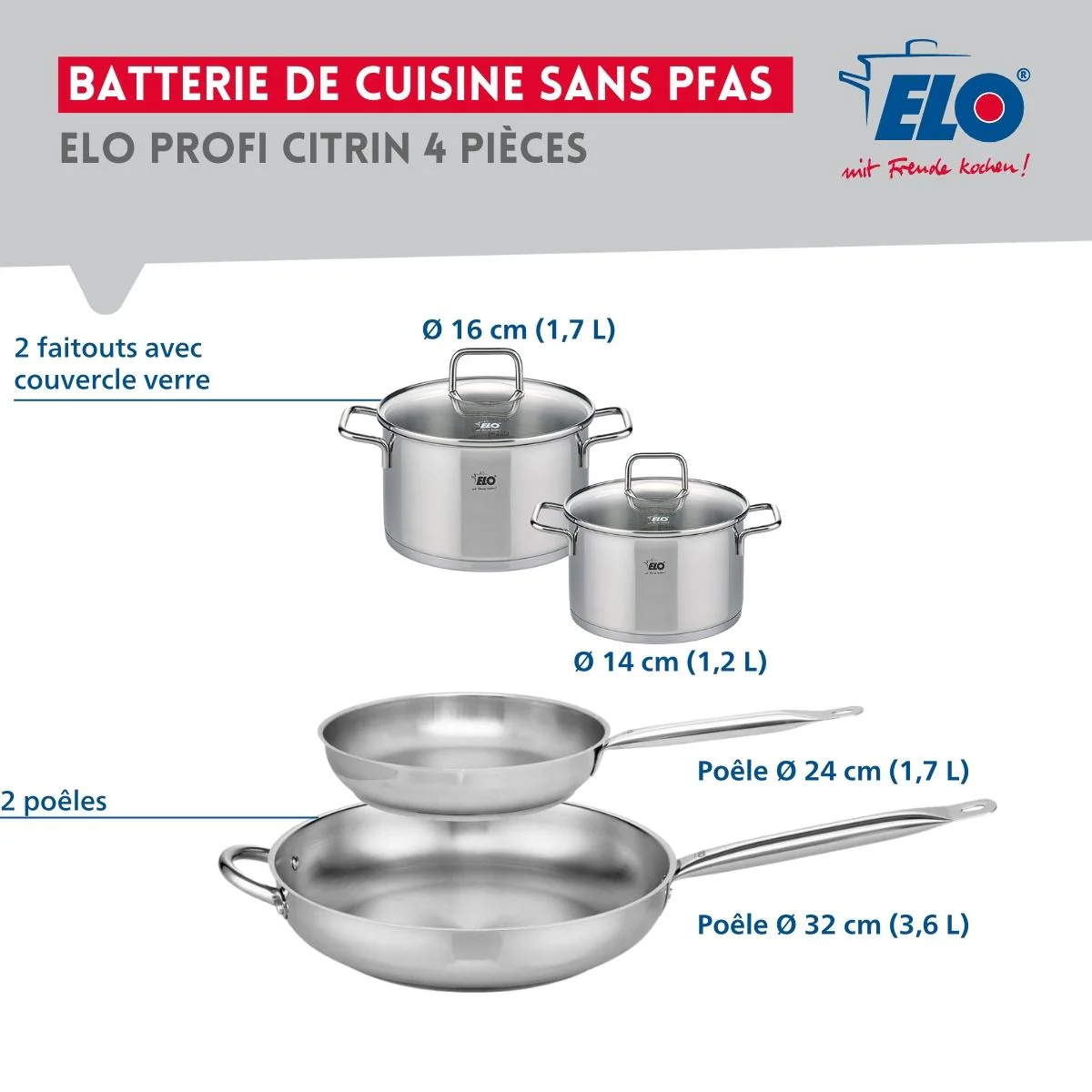 Ensemble de 2 Poêles de cuisson 24 et 32 cm et 2 faitouts 14 et 16 cm Elo Profi Citrin Elo
