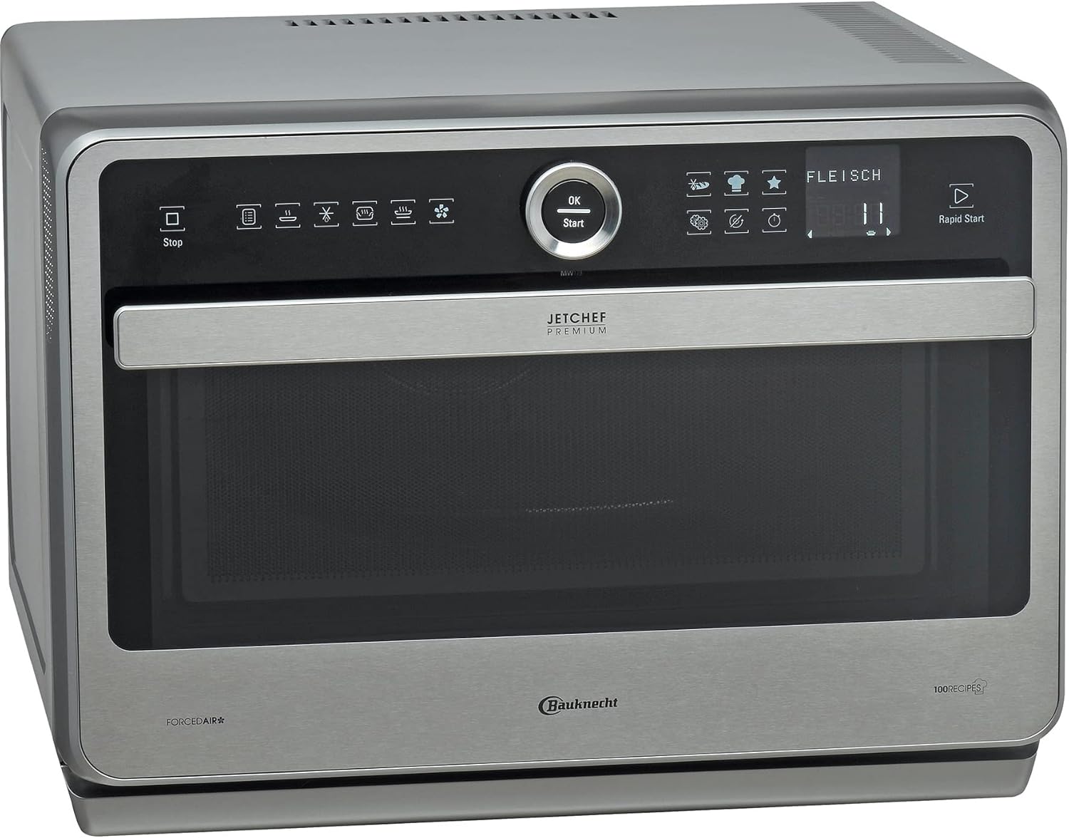 Bauknecht Jet Chef MW 179 IN Micro-Ondes Multifonction 5 en 1 en Acier Inoxydable, 1000 W, 33 L d'espace de Cuisson, Air Chaud 1500 Watt, Gril à quartz 1200 W, Fusion, Fonction de décongélation rapide