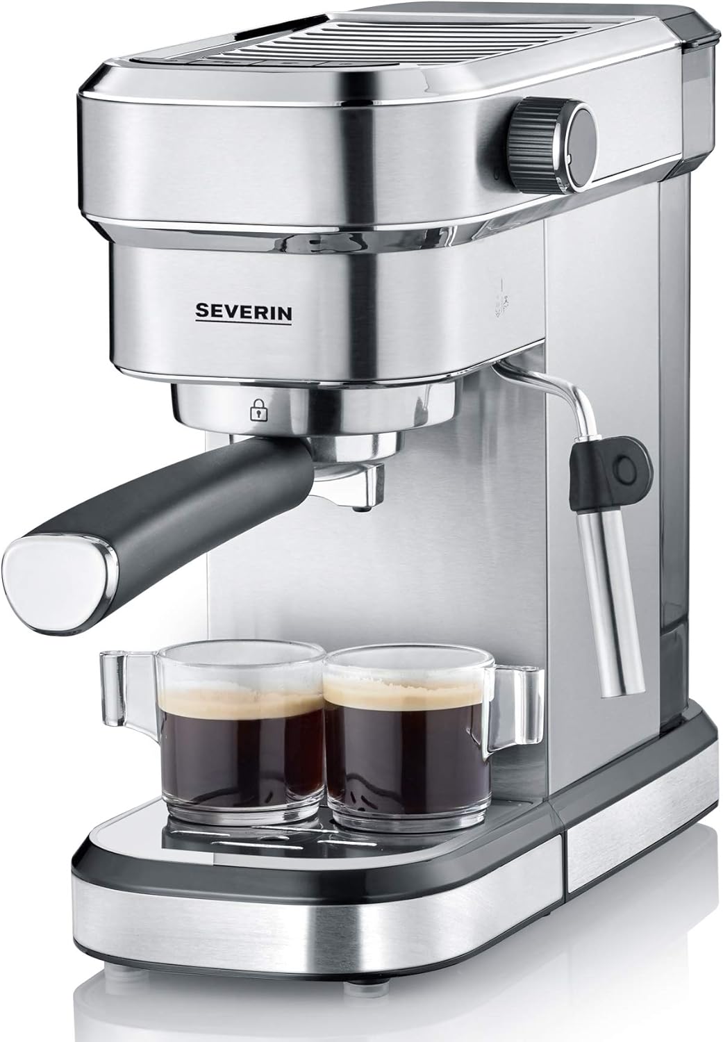 SEVERIN Cafetière Expresso Espresa Plus, 1 350W, 1,1 L, Manomètre intégré, Pompe 15 bars, Set barista inclus, Inox/Noir, KA 5995