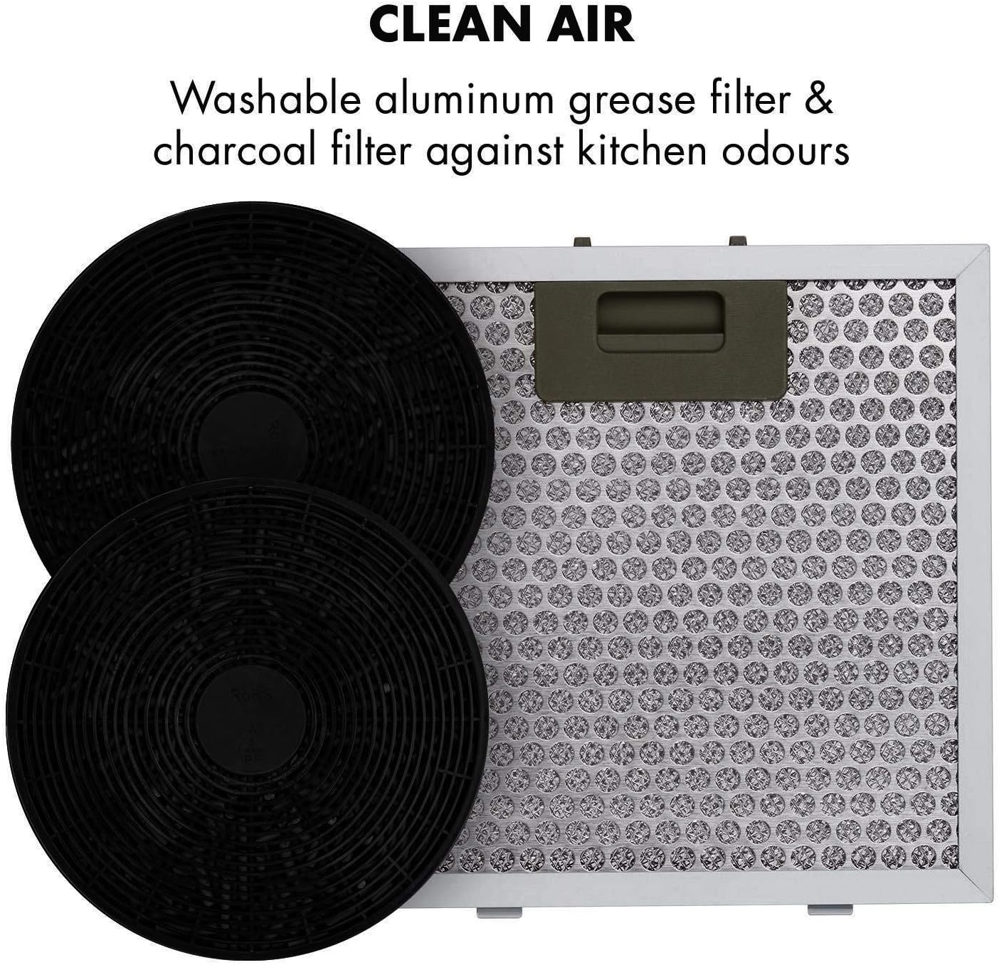 KLARSTEIN Barett - hotte aspirante îlot, hotte aspirante silencieuse Ø 35cm, Puissance Moteur 190W, 560 m³/h Max, 3 Niveaux de Puissance, éclairage LED, INOX - Argent