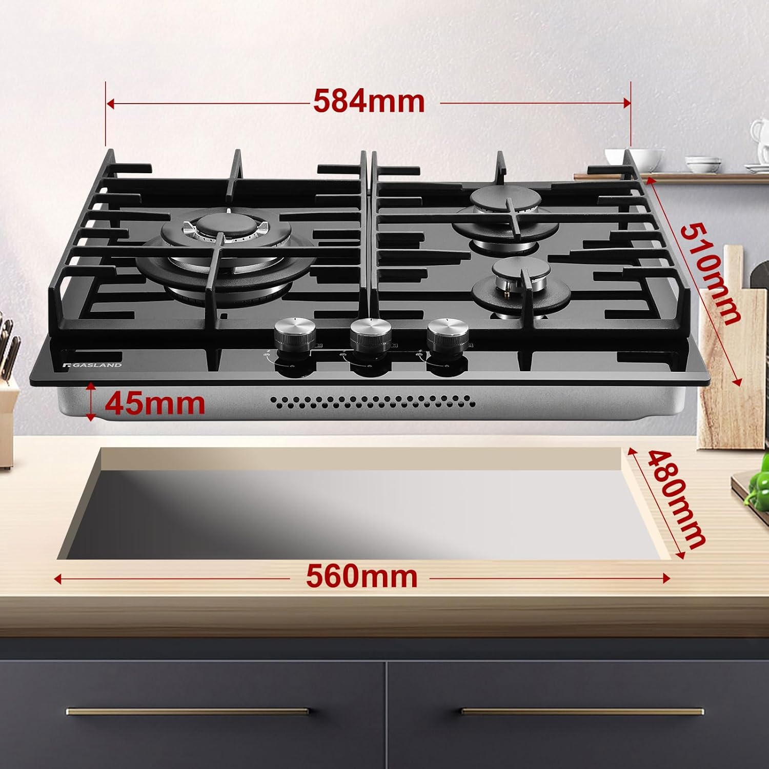 GASLAND GH2805BG1FC Table de cuisson à gaz 5 feux, Cuisinière à gaz avec brûleur wok, Table de cuisson à gaz encastrable, 76cm noir Cuisinière à gaz en verre, Cuisinière à gaz 10,4KW, GPL/NG