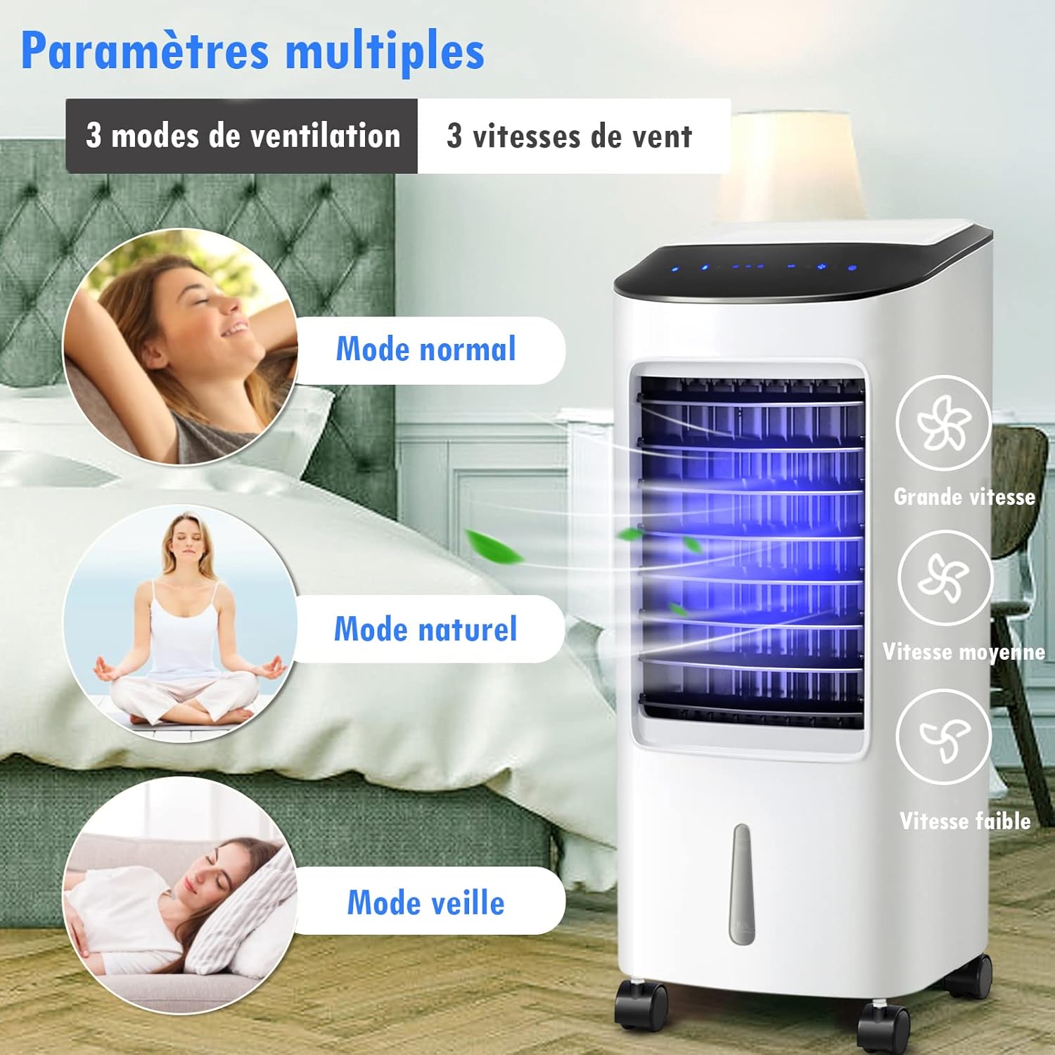 RELAX4LIFE Rafraîchisseur d’Air Mobile avec Humidificateur et Purificateur, 3 Mode de Vitesse, Climatiseur avec Réservoir d'Eau 8L et Filtre Amovible et Lavable pour Chambre, Bureau, Salon