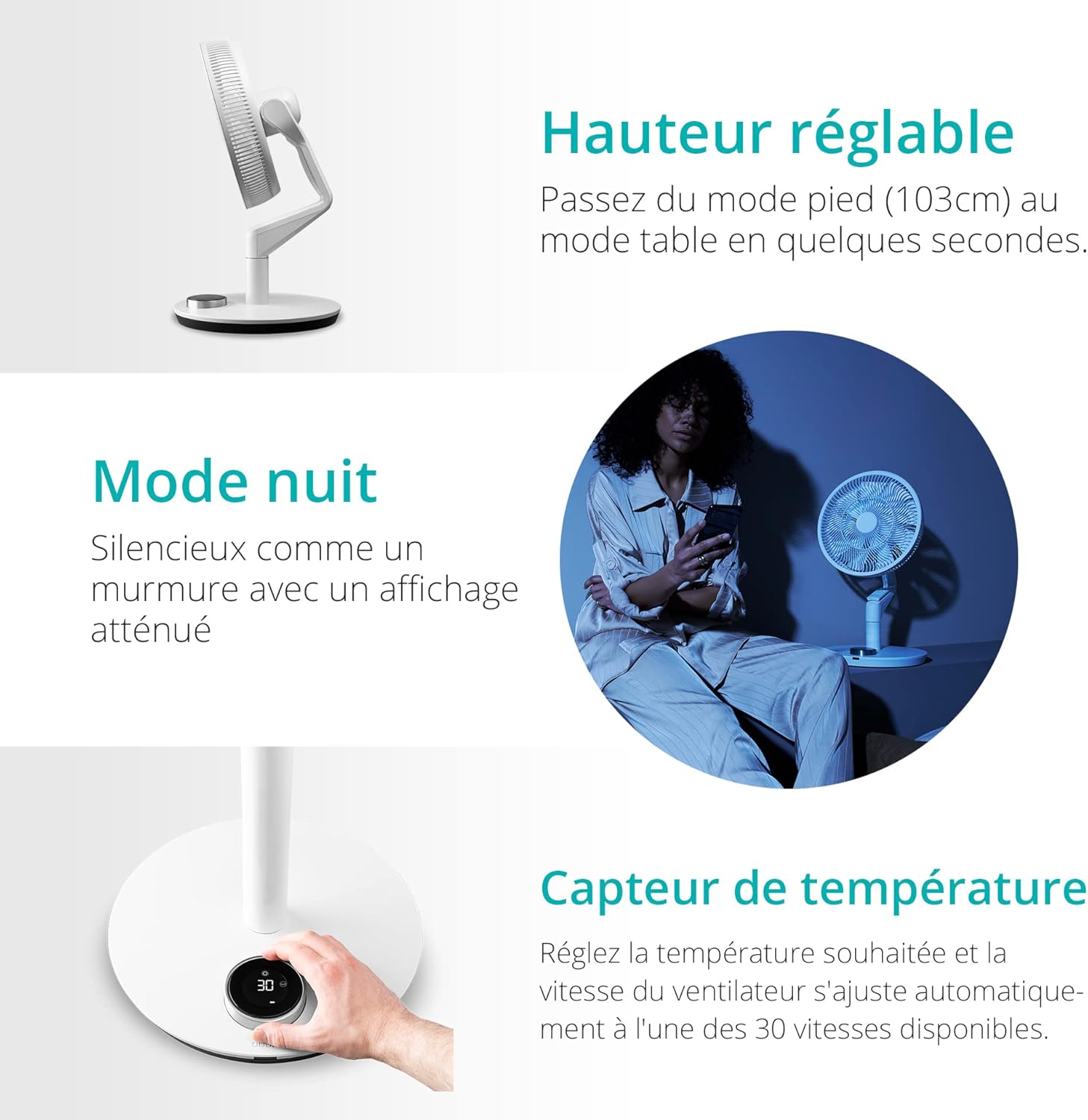 Duux whisper Flex Ultimate Blanc - Ventilateur sur pied - Ventilateur silencieux sur pied avec mode nuit et minuterie - Contrôle télécommande et smartphone - Batterie incluse