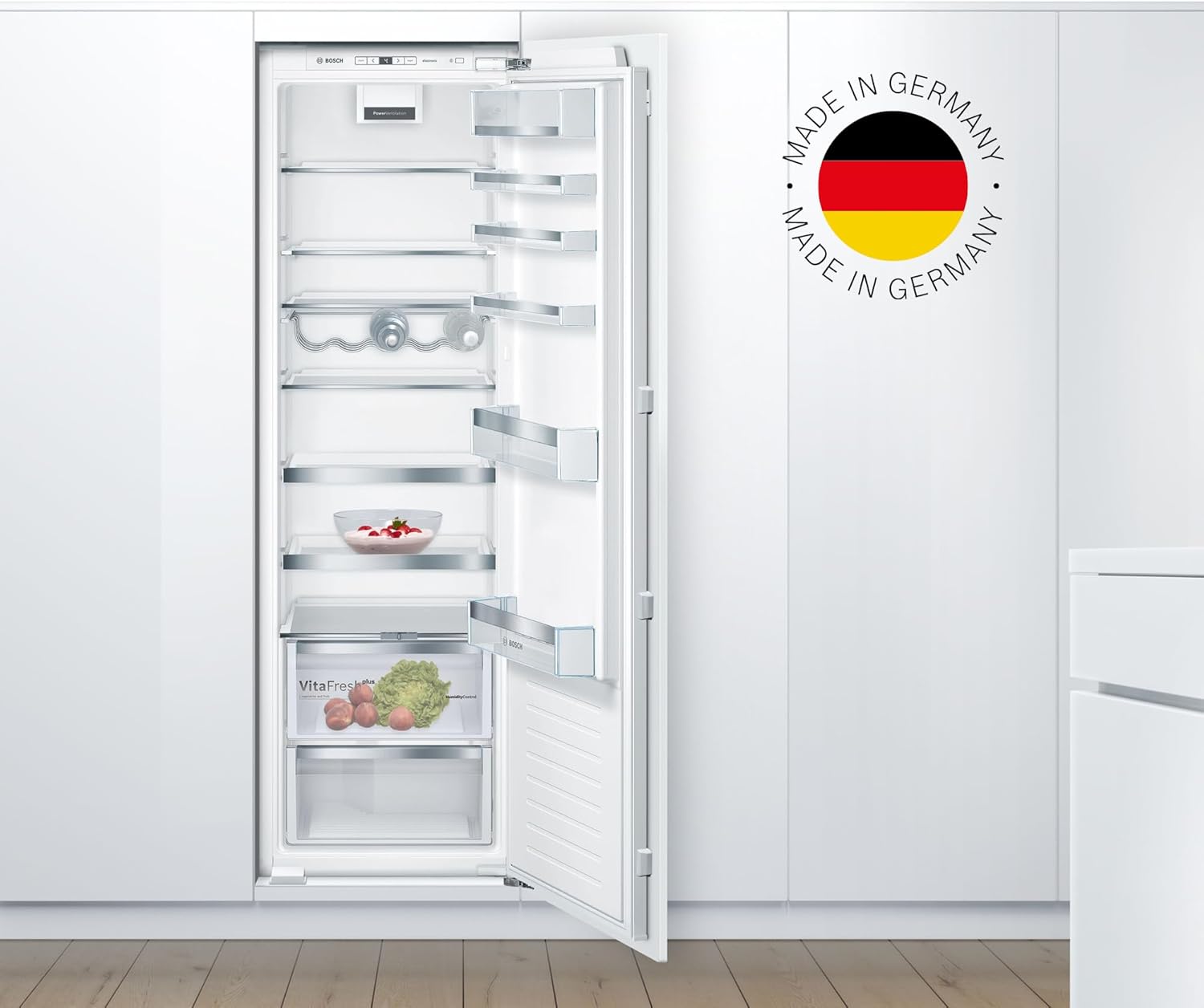 Bosch KIR81AFE0 Serie 6 Réfrigérateur encastrable, 177,5 x 56 cm, 319 L, charnière plate, fabriqué en Allemagne, VitaFresh plus 2 x fraîcheur plus longue, éclairage LED uniforme