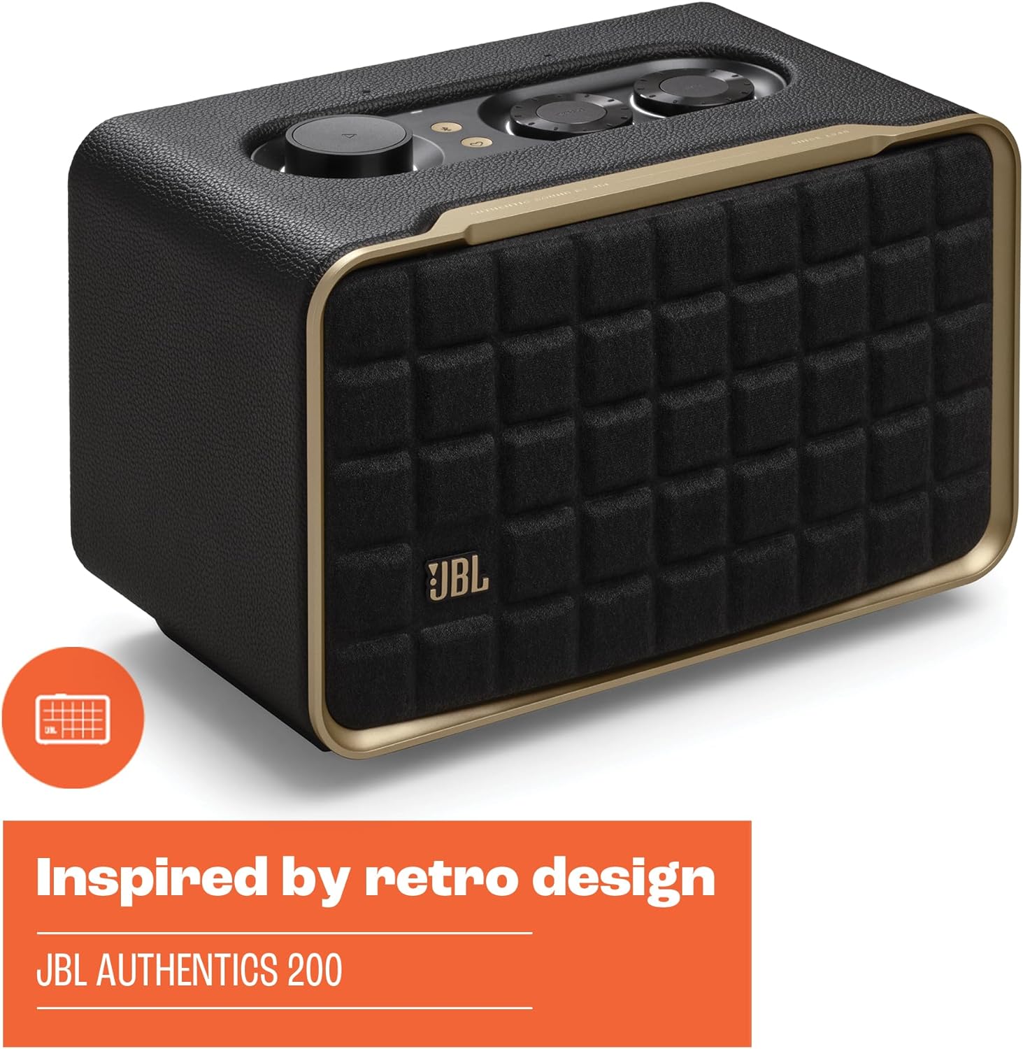 JBL Authentics 200 Enceinte Smart Home avec Wi-Fi, Bluetooth et assistants vocaux, design rétro, noire, Prise européenne (Type C)