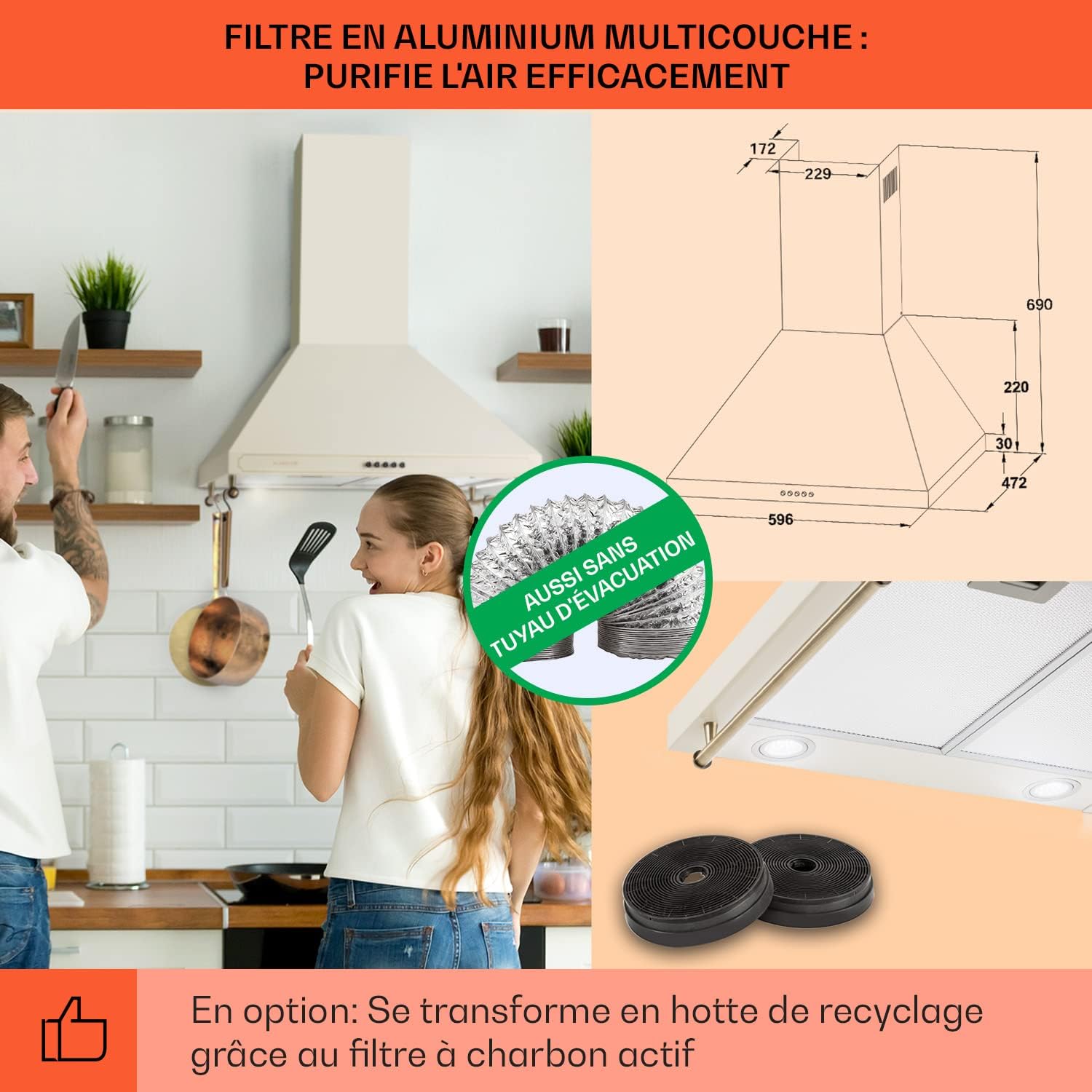 Klarstein Hotte Aspirante 90 cm, Hottes de Cuisine avec Filtre de Hotte en Aluminium, Débit d'Air Puissant de 645m³/h, Eclairage LED, Extracteur d'Air Silencieux, Hotte Efficace avec Evacuation