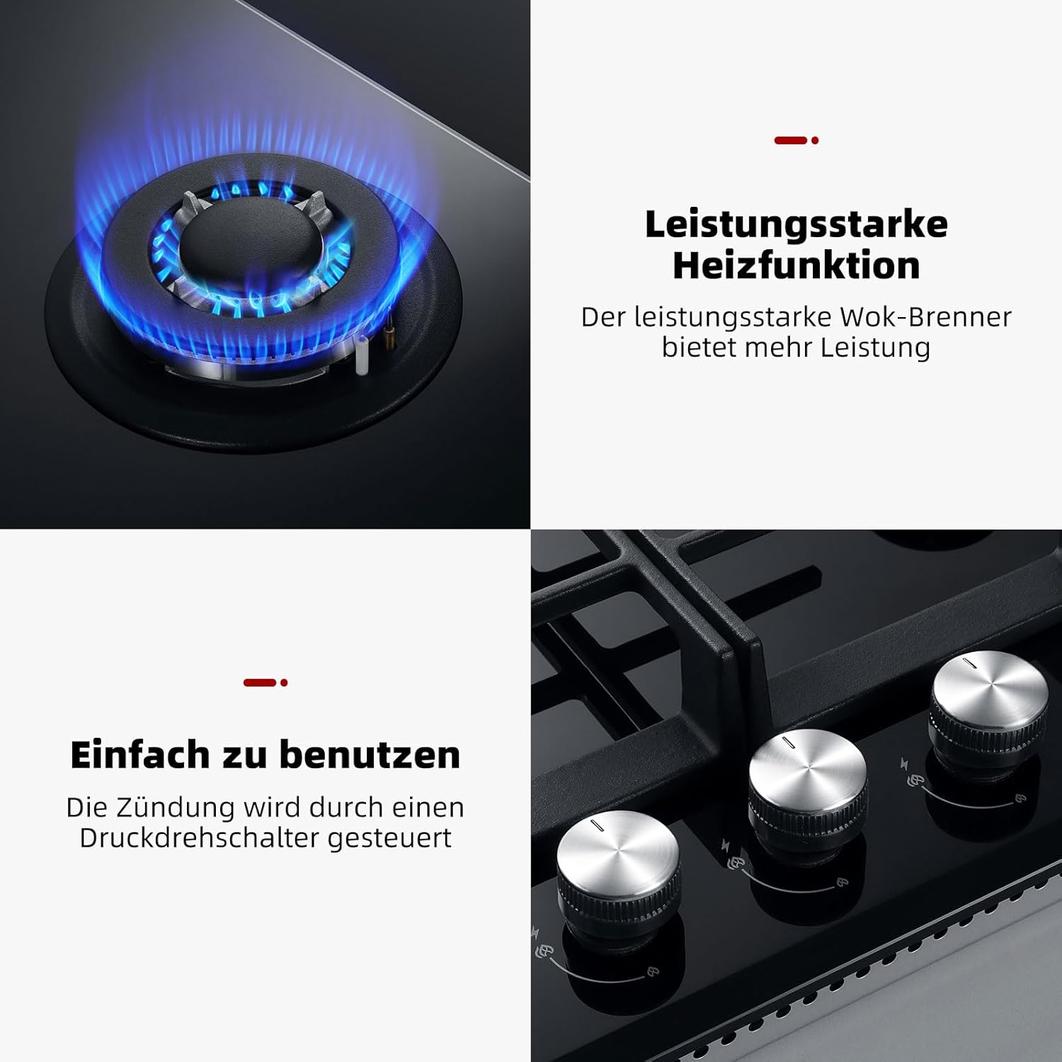 GASLAND GH2805BG1FC Table de cuisson à gaz 5 feux, Cuisinière à gaz avec brûleur wok, Table de cuisson à gaz encastrable, 76cm noir Cuisinière à gaz en verre, Cuisinière à gaz 10,4KW, GPL/NG