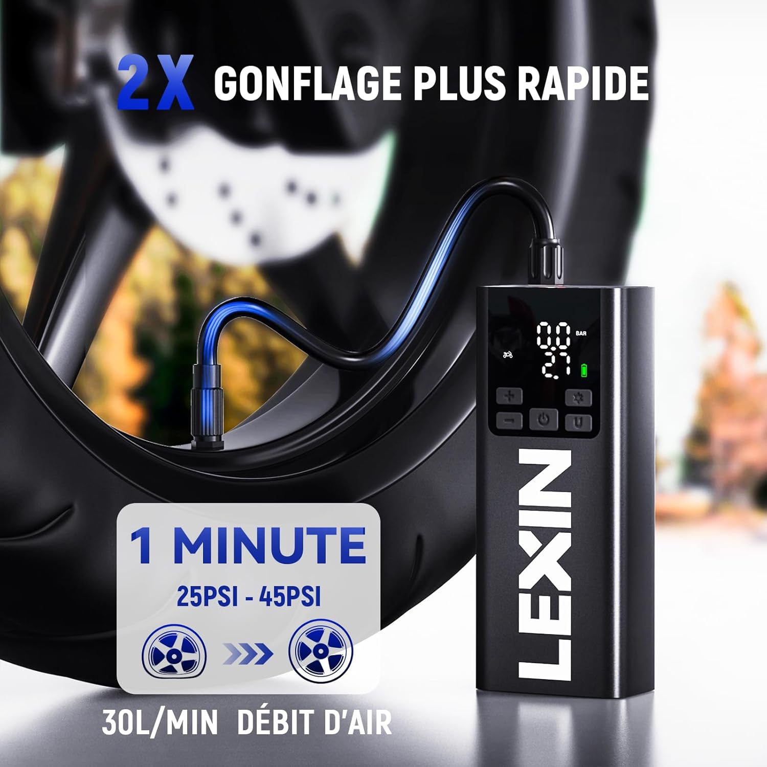 LEXIN P5 Compresseur d'Air Portatif 150PSI, Gonfleur Pneus sans Fil 5000mAh, Gonfleur lectrique l'cran LCD, Puissance Mobile, Pompe de Pneu avec Presta/Schrader pour Moto/Voiture/Vélo/Balle/Scoote