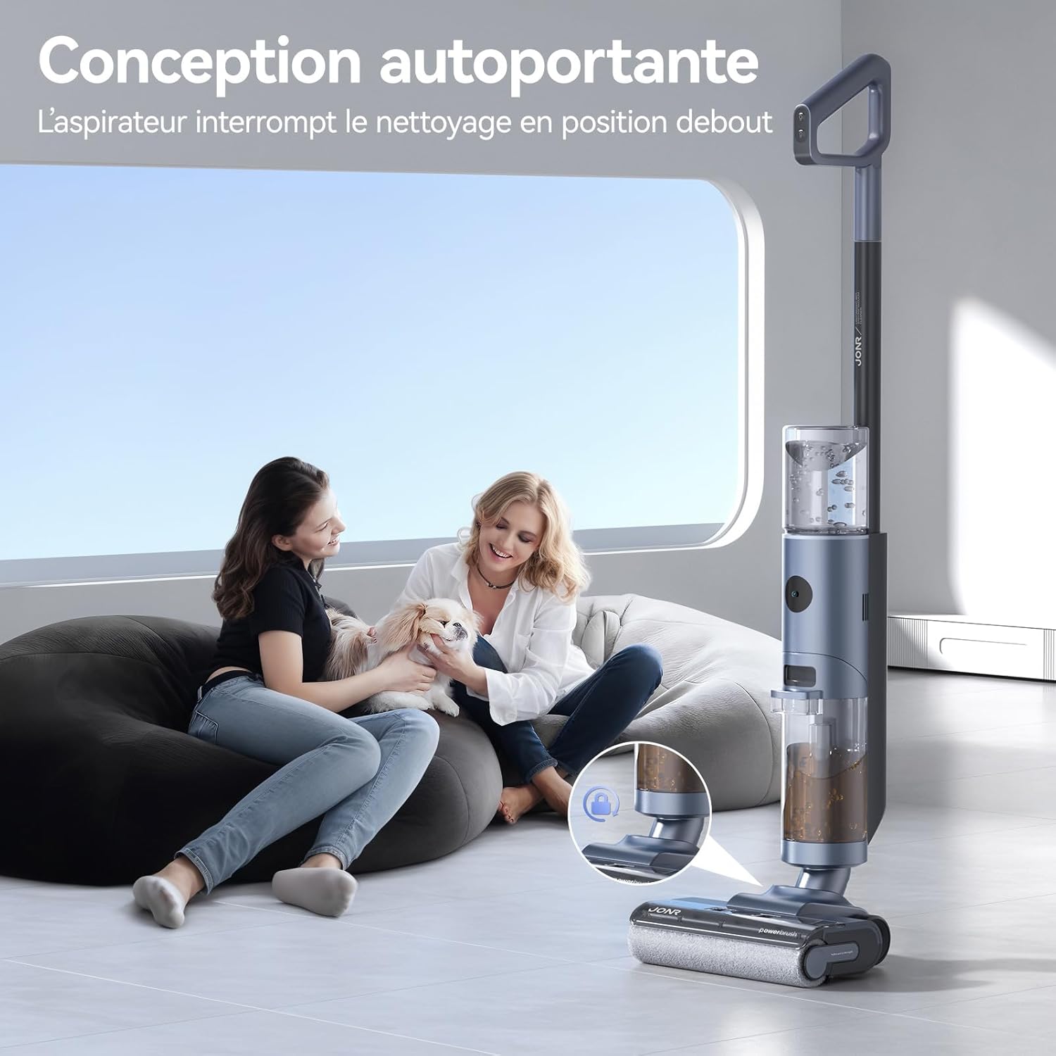 JONR ED12 Aspirateur Eau et Poussière, Aspirateur et Balai à Franges sans Fil 4 en 1, Brosse Rouleau de Nettoyage des Bords, Fonction d’Auto-Nettoyage, pour Sols Durs, Poils d'animaux