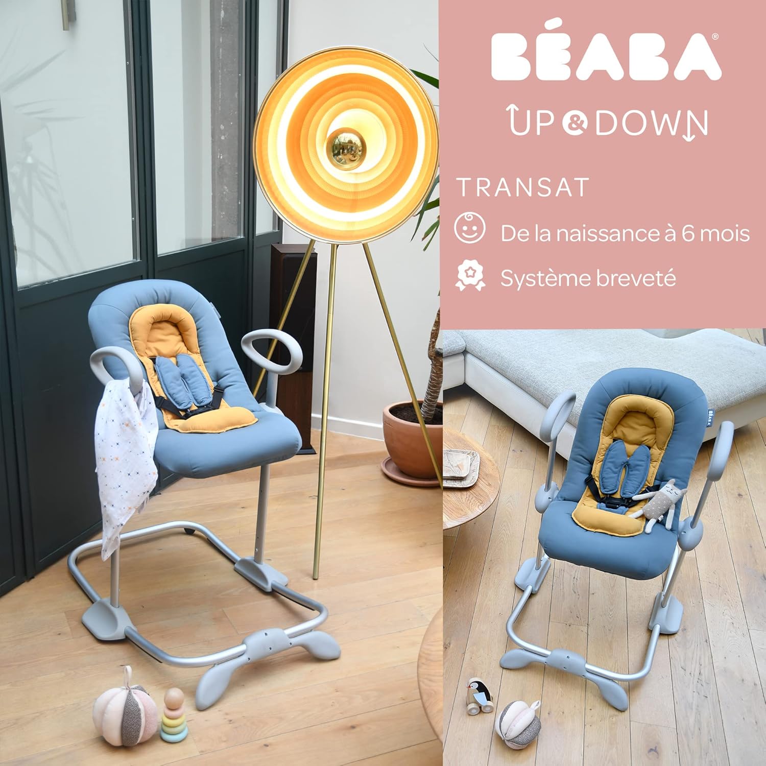 Béaba, Transat Up & Down IV, Transat Réglable en Hauteur, Unisexe pour Bébé et Enfants, 3 Positions d'Inclinaison, Harnais Sécurité 5 Points, Réducteur de Naissance, Gris minéral et miel