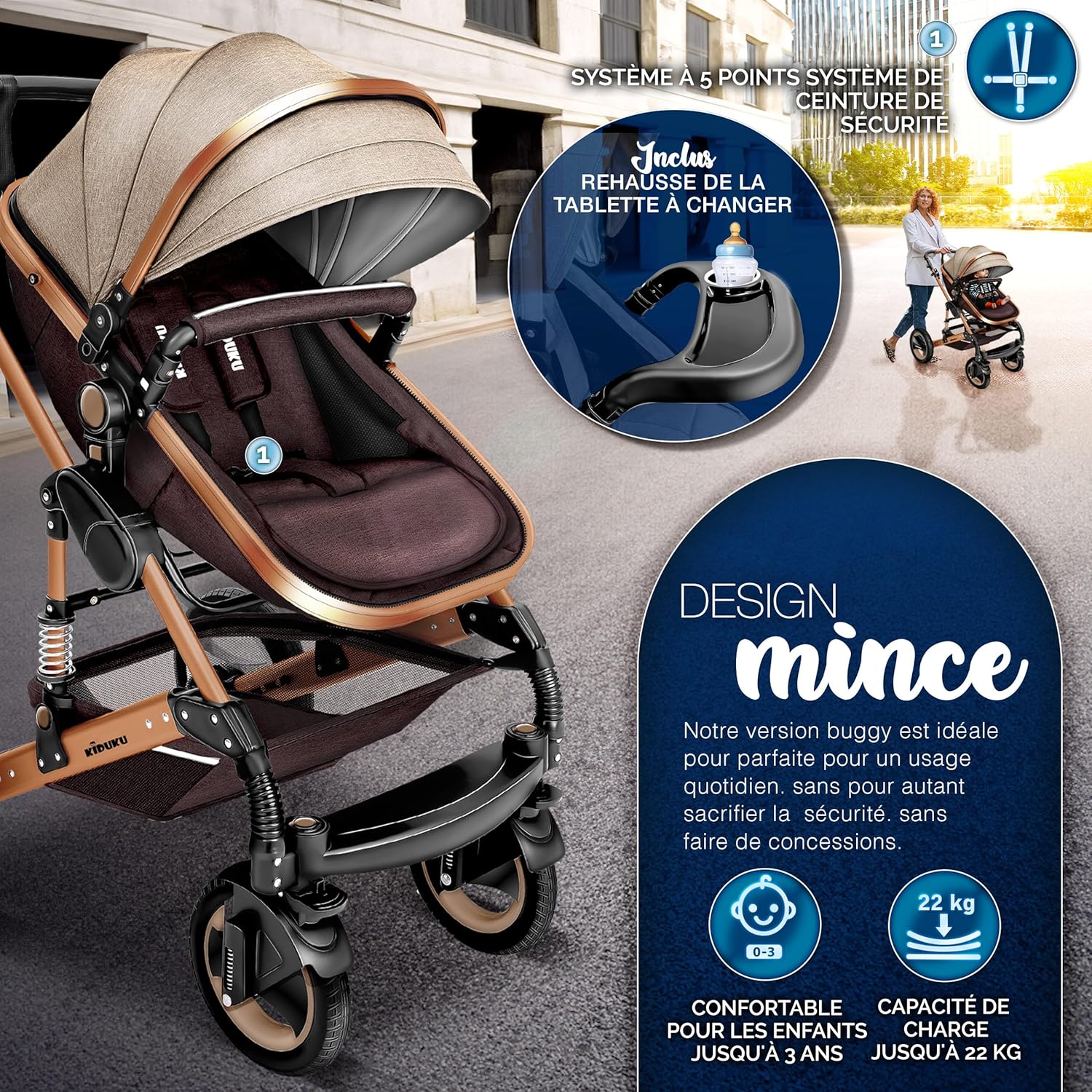 KIDUKU® Poussette Combinée 3 en 1 | Trio pour Enfants | Siége Auto Légère, Piable | Nacelle Souple Convertible | Set de Voyage (Noir/Champagne)