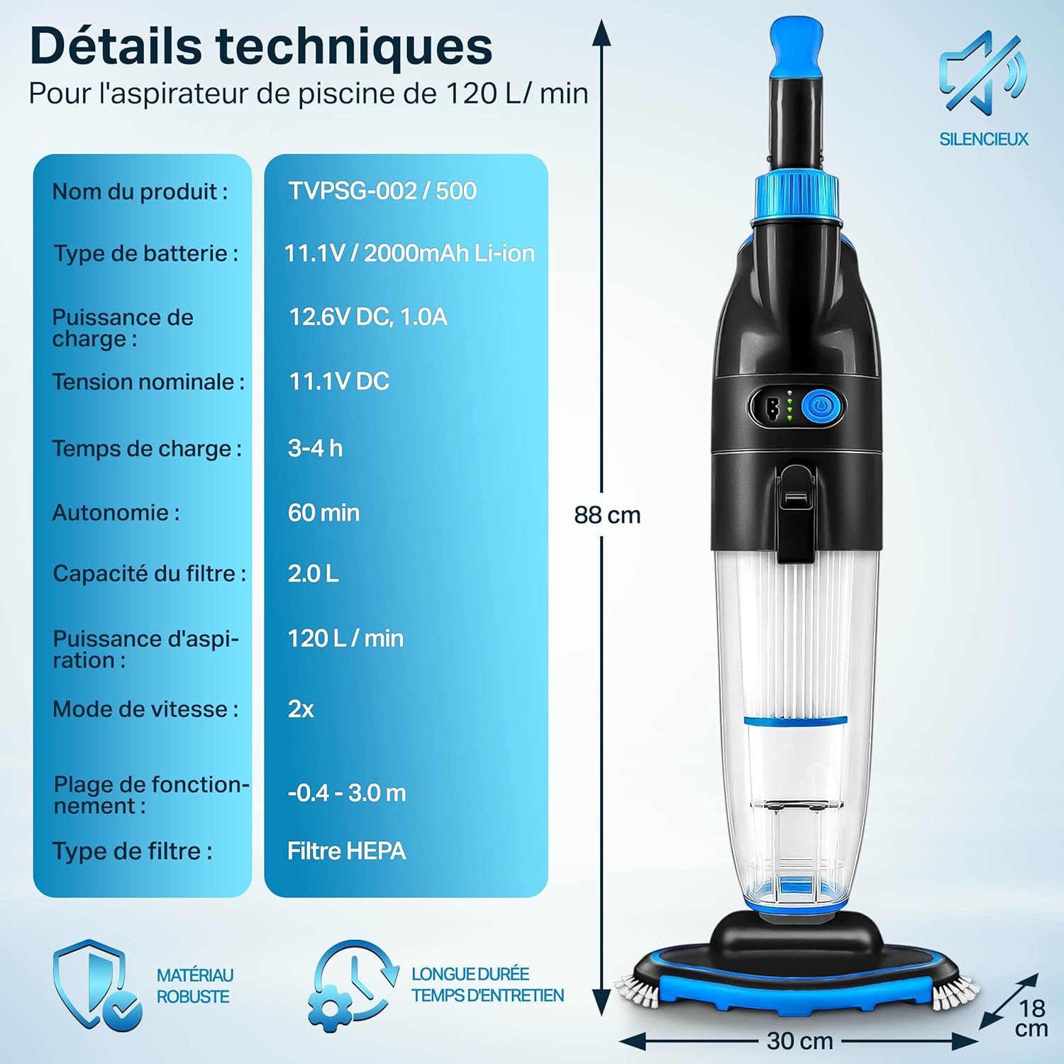 tillvex Aspirateur Électrique pour Piscines | Nettoyeur de Piscine sans Fil avec Manche Télescopique | Kit de Nettoyage avec Filtre & 2 Vitesses | Rechargeable