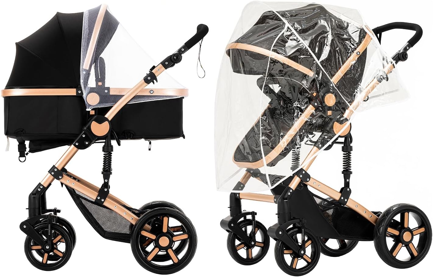 Magic ZC Poussette 3 en 1, Poussette Bebe avec Conception Portable Pliable en Un Clic, Pousette 3 en 1 avec Poussée Réversible Bidirectionnelle, Poussette Trio avec Accessoires (black gold 588)