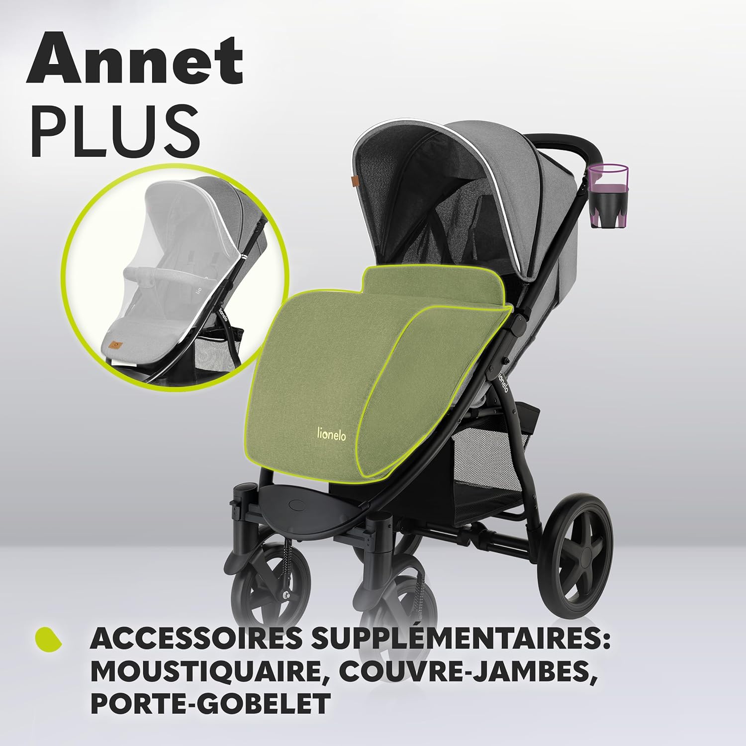 LIONELO Annet Plus poussette bebe à 22 kg, auvent avec fenêtre, roues EVA, chancelière moustiquaire porte-gobelet, réglage du dossier jusqu’à la position couchée (Dreamin, PLUS)
