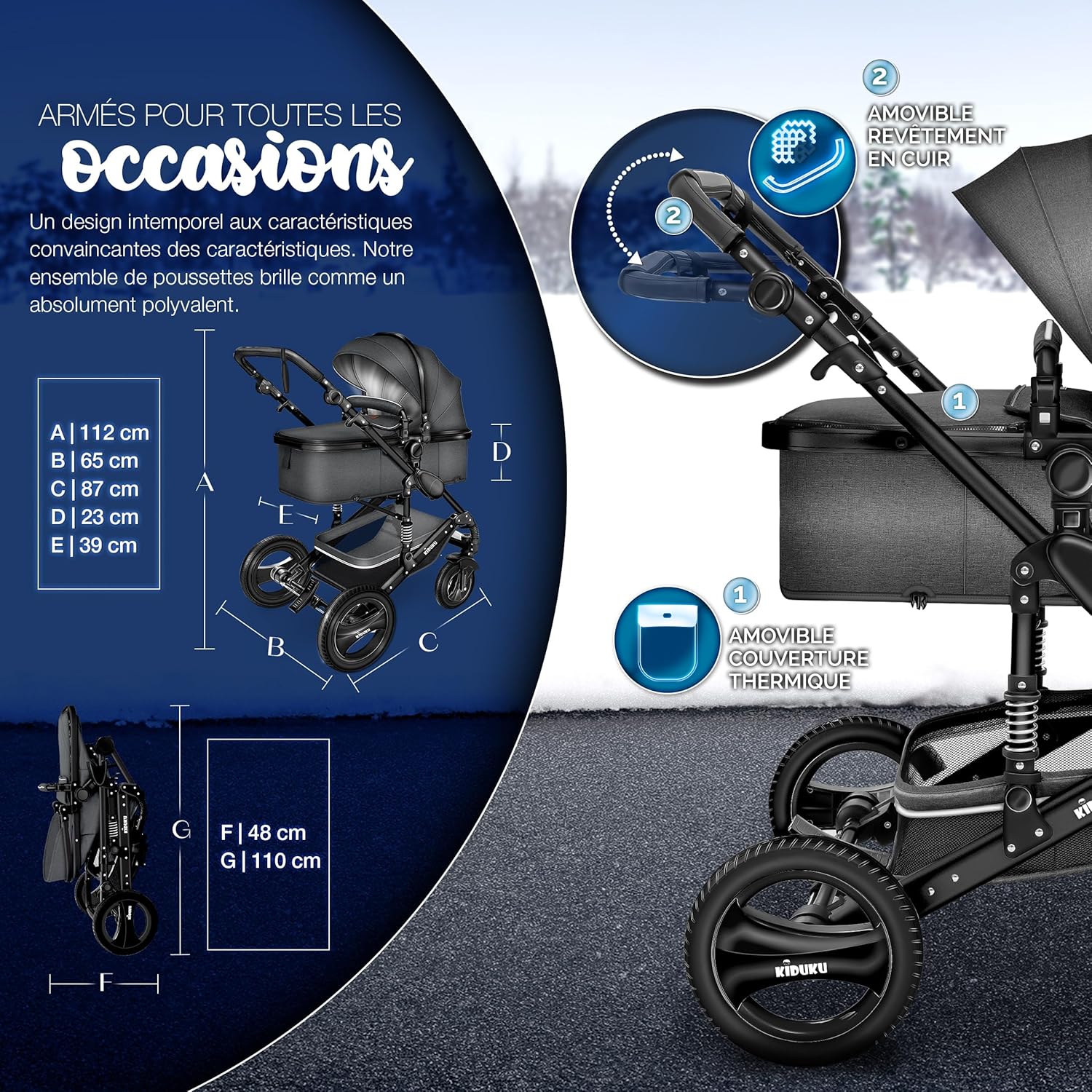 KIDUKU® Poussette Combinée 3 en 1 | Trio pour Enfants | Siége Auto Légère, Piable | Nacelle Souple Convertible | Set de Voyage (Noir/Champagne)