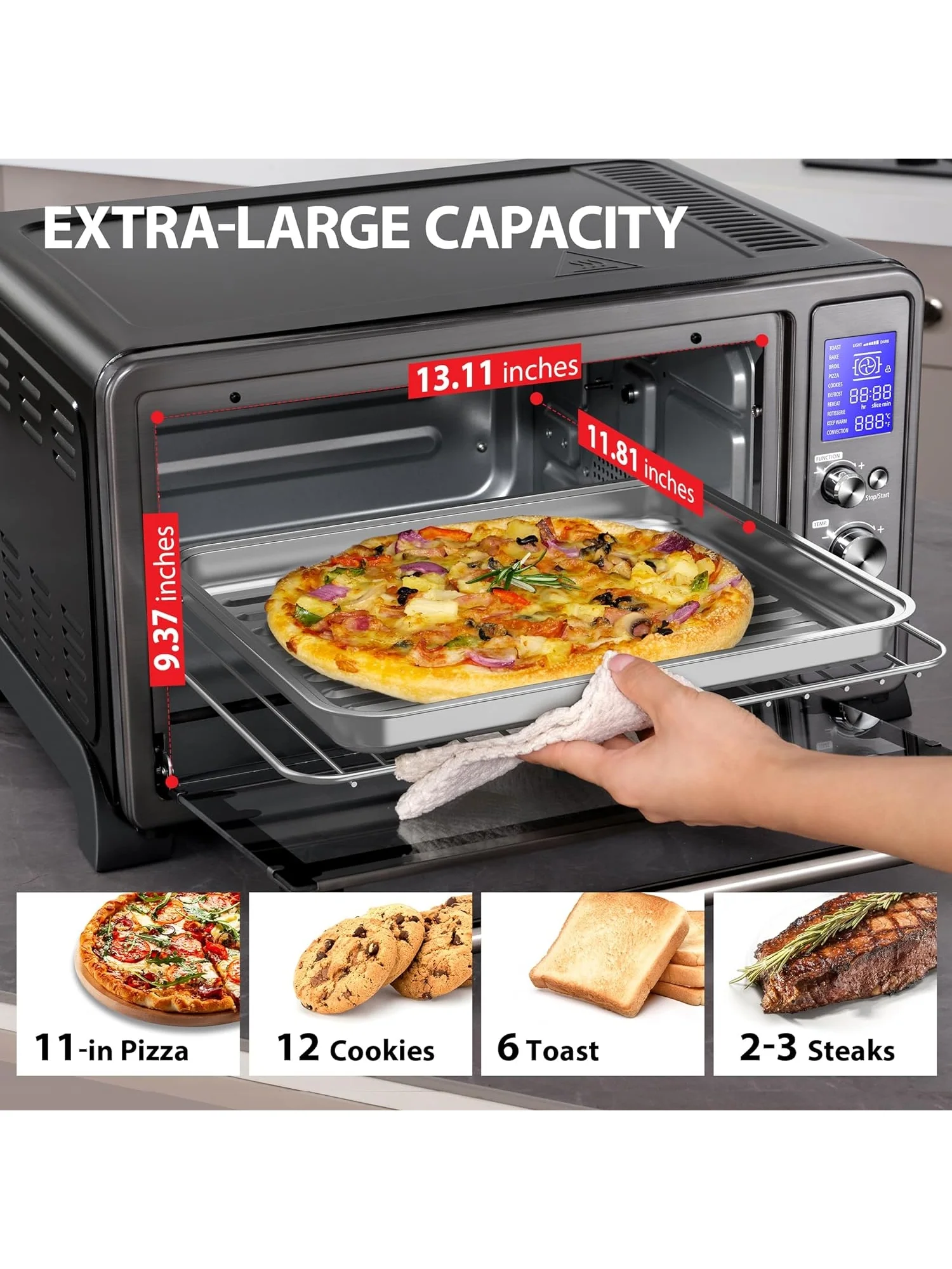 TOSHIBA AC25CEW-BS Large 6-Slice Convection Toaster Oven Countertop, 10-In-One with Toast, Pizza and Rotisserie, 1500W, Black Stainless Steel, Includes 6 Accessories