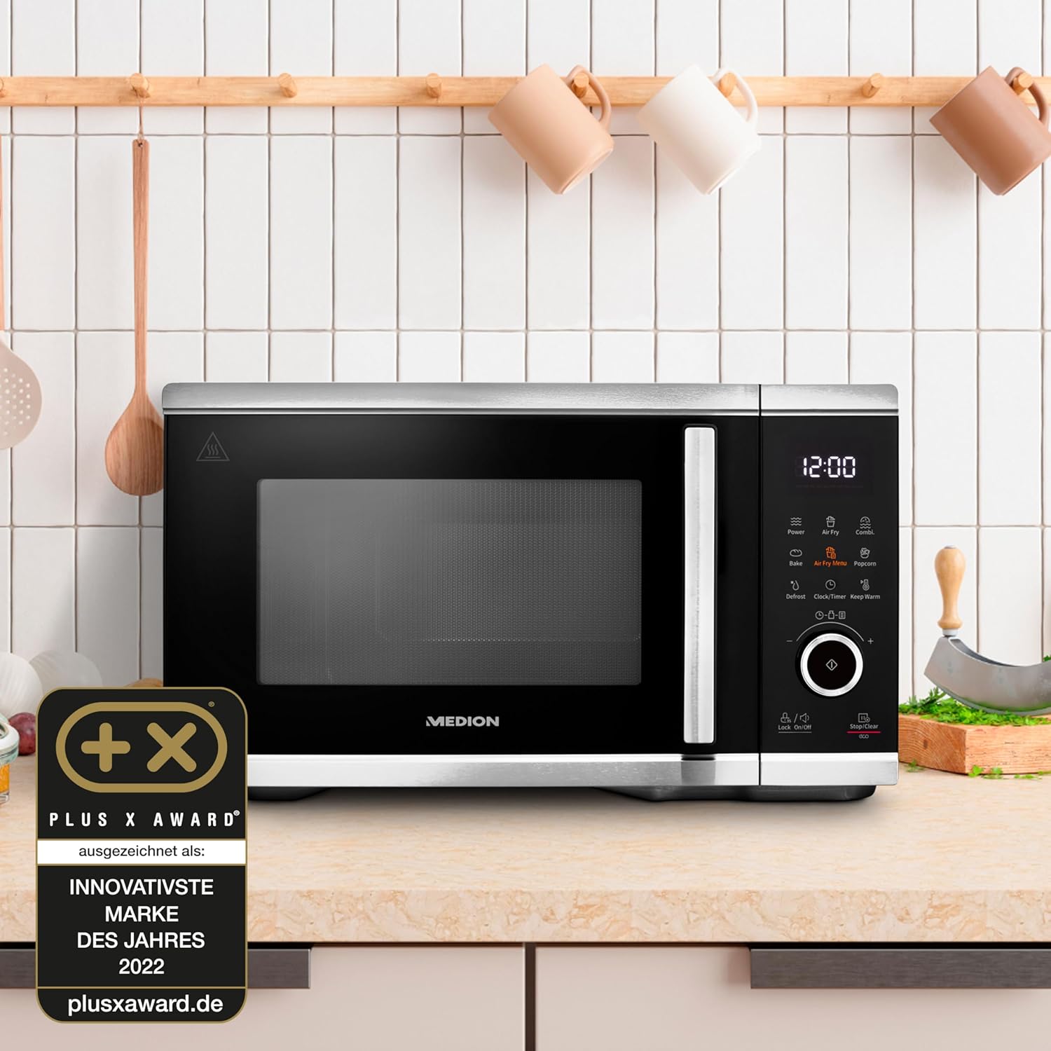 MEDION Micro-onde avec air fryer (Friteuse sans huile à air chaud integrée, 25L, 900W, 1500 W air chaud, 10 programmes automatiques, 10 niveaux de puissance, mode décongeler, MD11499) noir