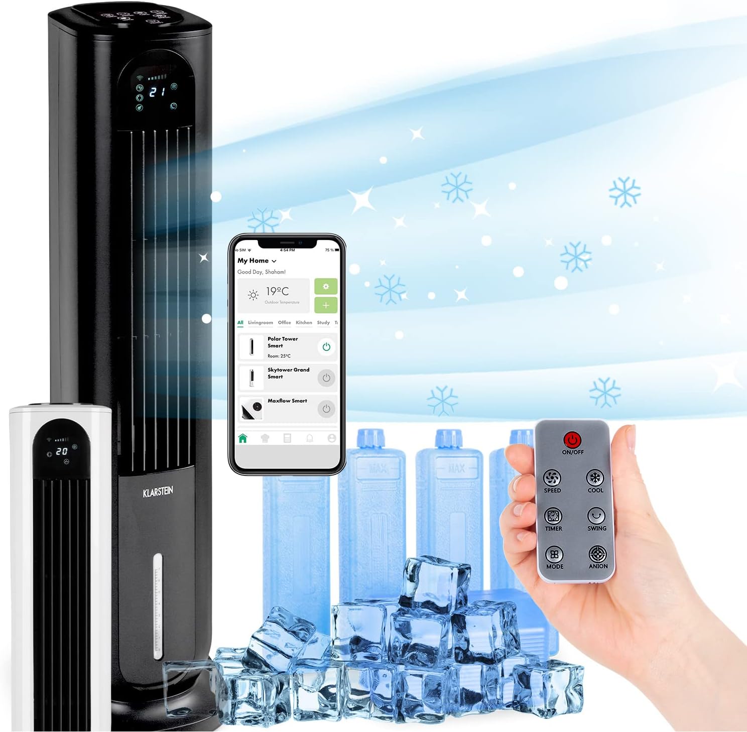 Klarstein Rafraichisseur d'Air Mobile 5 en 1, Refroidisseur d'Air par Evaporation avec Humidificateur, Ventilateur, Ioniseur, Climatiseur Mobile Sans Évacuation, Mode Nuit, 85W, Débit d'Air 3306m³/h