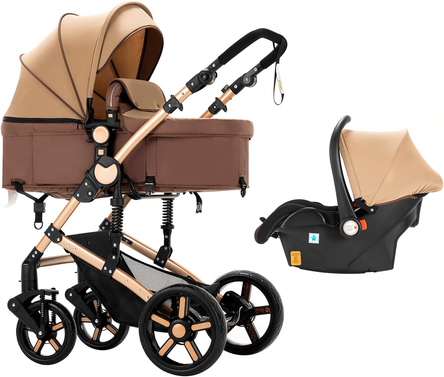 Magic ZC Poussette 3 en 1, Poussette Bebe avec Conception Portable Pliable en Un Clic, Pousette 3 en 1 avec Poussée Réversible Bidirectionnelle, Poussette Trio avec Accessoires (black gold 588)