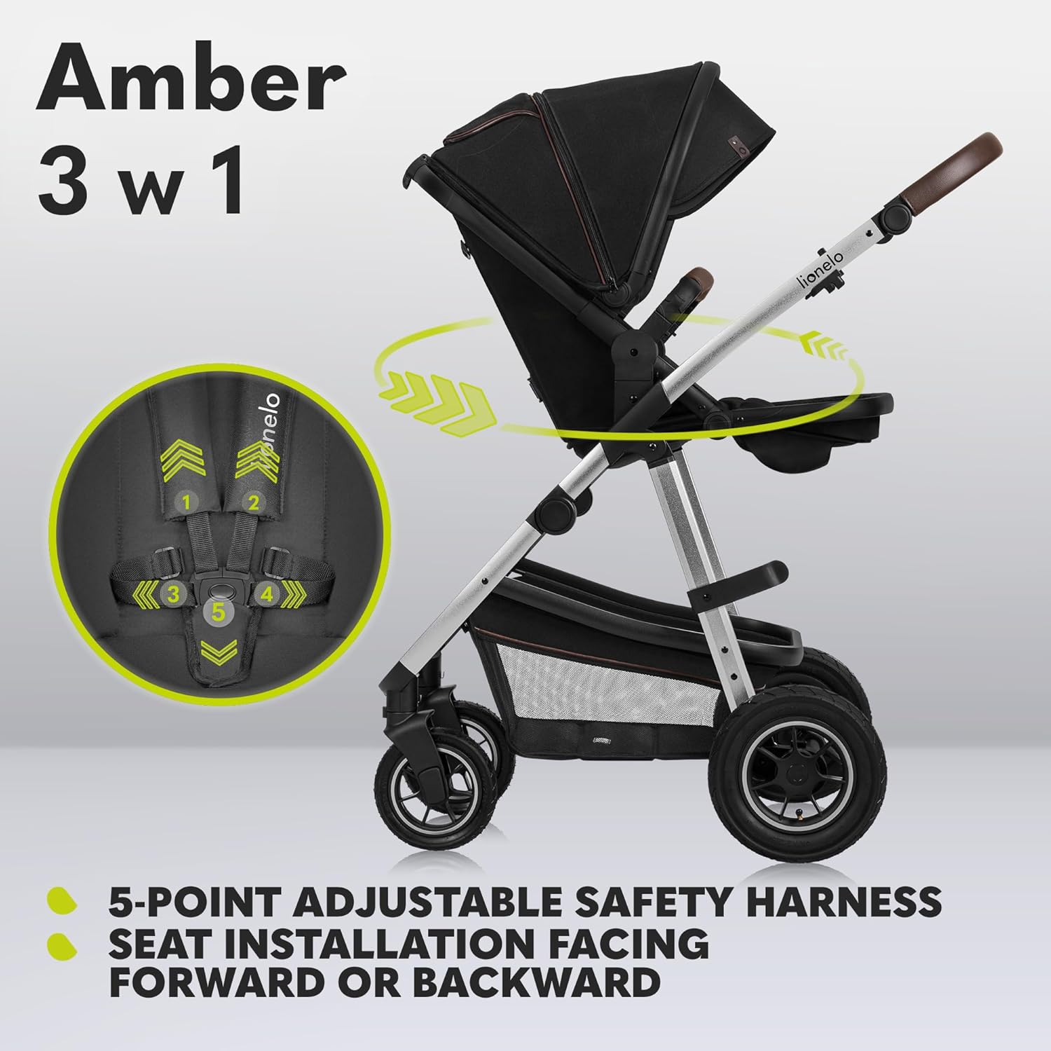 LIONELO Amber 3 in 1 poussette multifonctionnellle, landau, ensemble poussette avec siège sport et nacelle fixe, sac, moustiquaire, couvrir, feuille de pluie mit siege auto