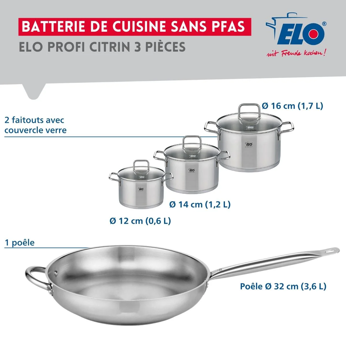 Ensemble de 1 Poêle de cuisson 32 cm et 3 faitouts 12, 14 et 16 cm Elo Profi Citrin Elo