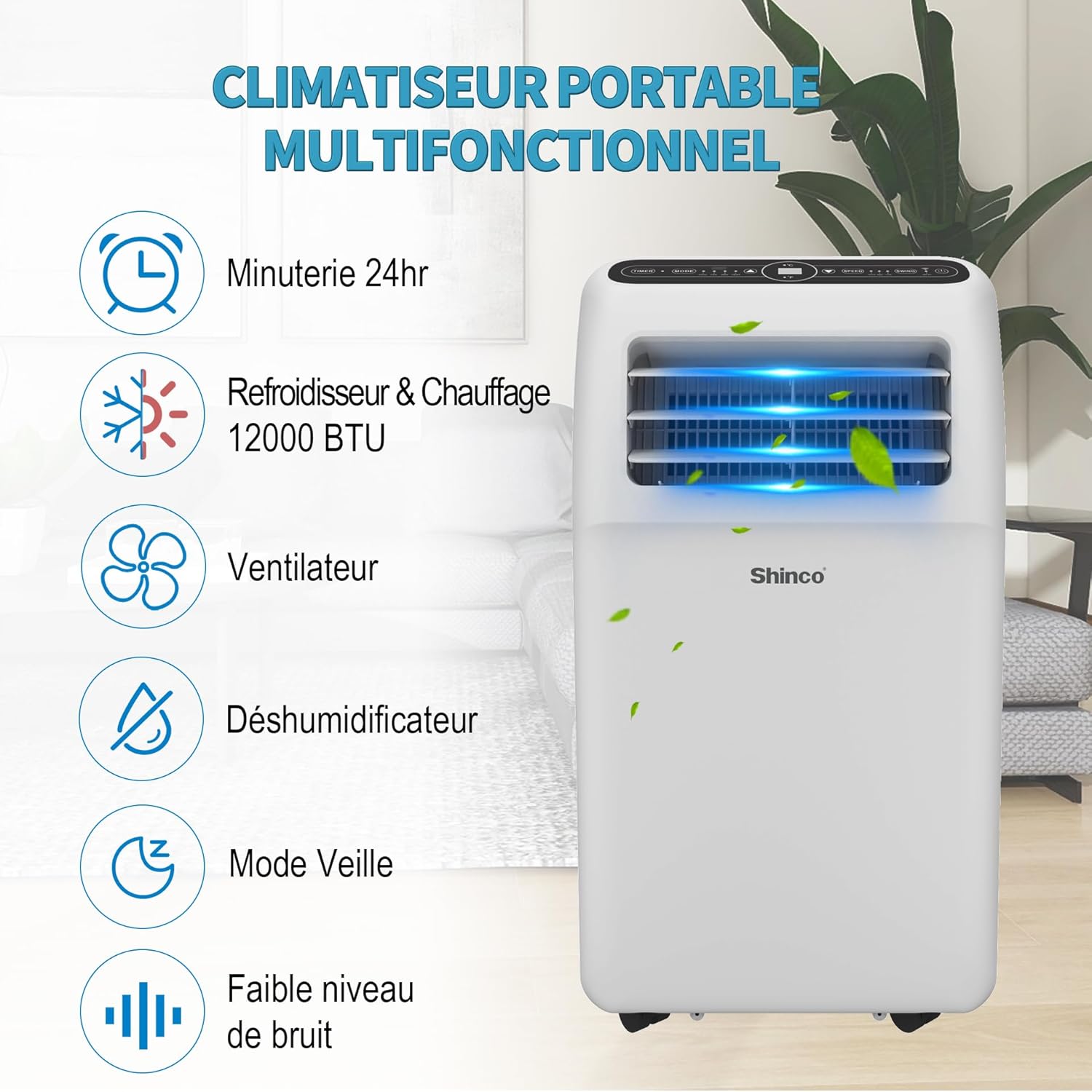 SHINCO Climatiseur mobile, 7000 BTU 2,05kW, Refroidir&Ventilation&Déshumidification, taille de la pièce jusqu'à 54m³(18㎡), Climatiseur mobile avec tuyau d'évacuation et tuyau de vidange, mode sommeil