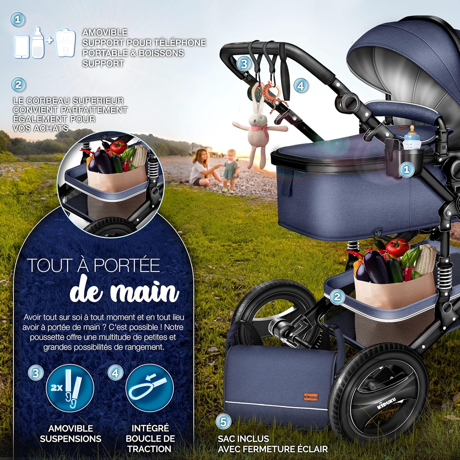 KIDUKU® Poussette Combinée 3 en 1 | Trio pour Enfants | Siége Auto Légère, Piable | Nacelle Souple Convertible | Set de Voyage (Noir/Champagne)