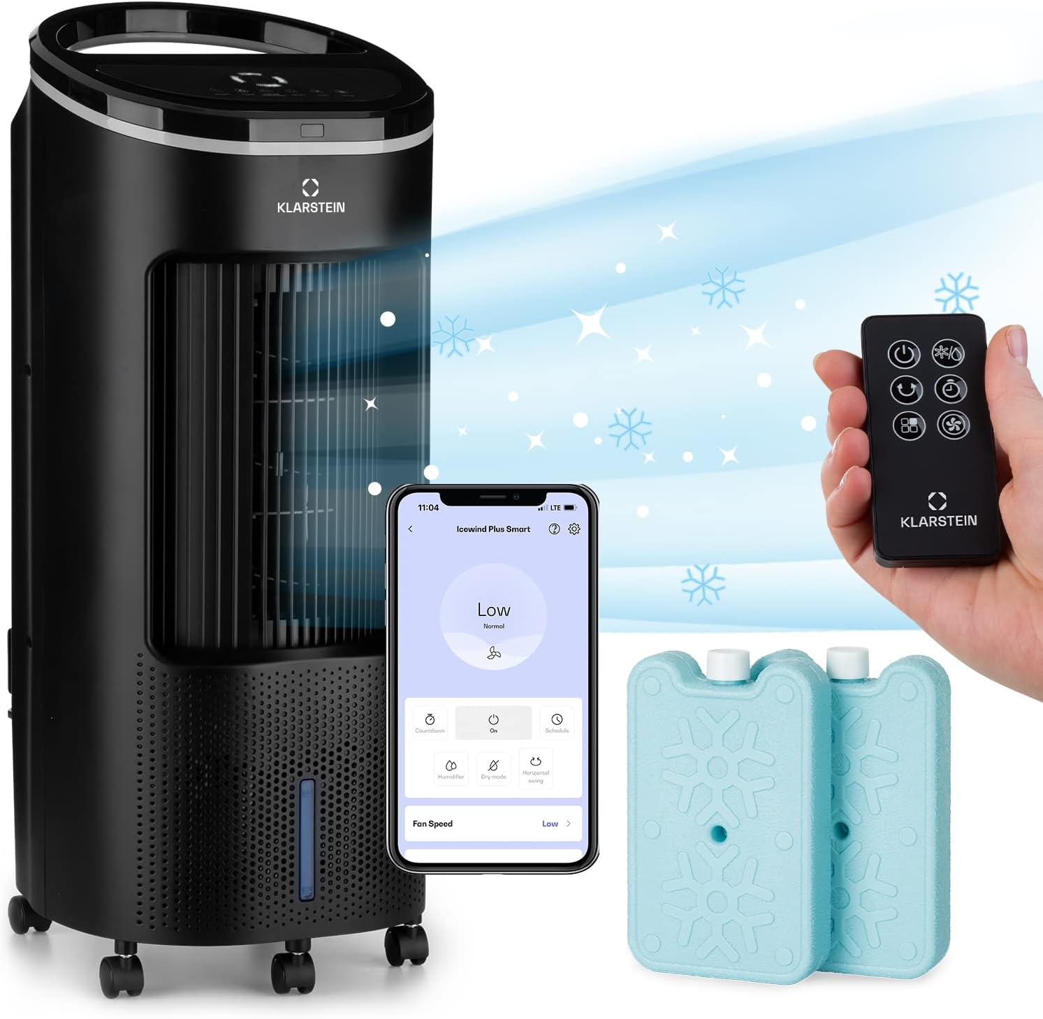 Klarstein Rafraichisseur d'Air 4 en 1, Climatiseur Portable Smart APP Mobile, Humidificateur, Ventilateur, Sans Évacuation 65W, Pack Glacons, Mode Nuit, Puissant Débit d'Air 330m³/h