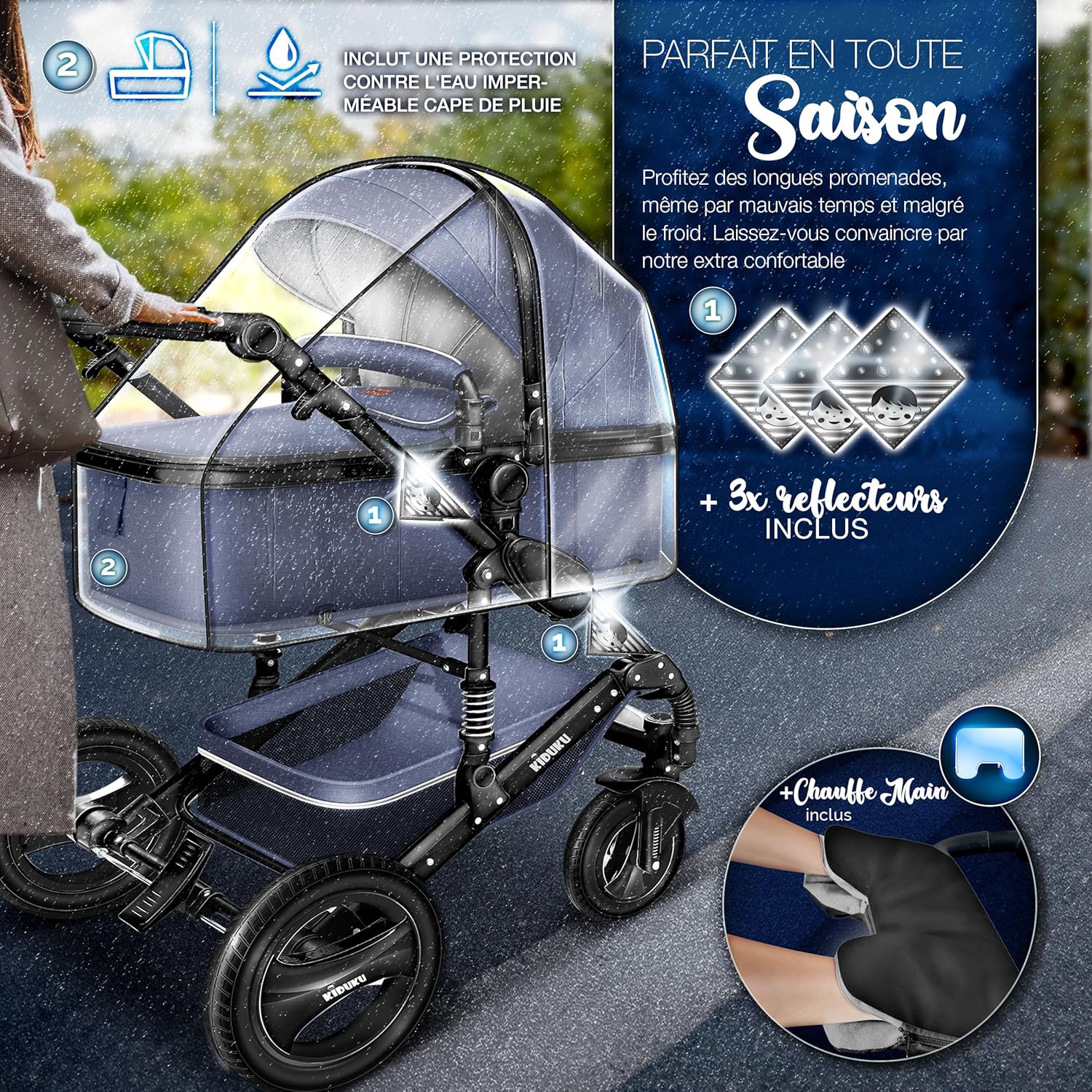 KIDUKU® Poussette Combinée 3 en 1 | Trio pour Enfants | Siége Auto Légère, Piable | Nacelle Souple Convertible | Set de Voyage (Noir/Champagne)