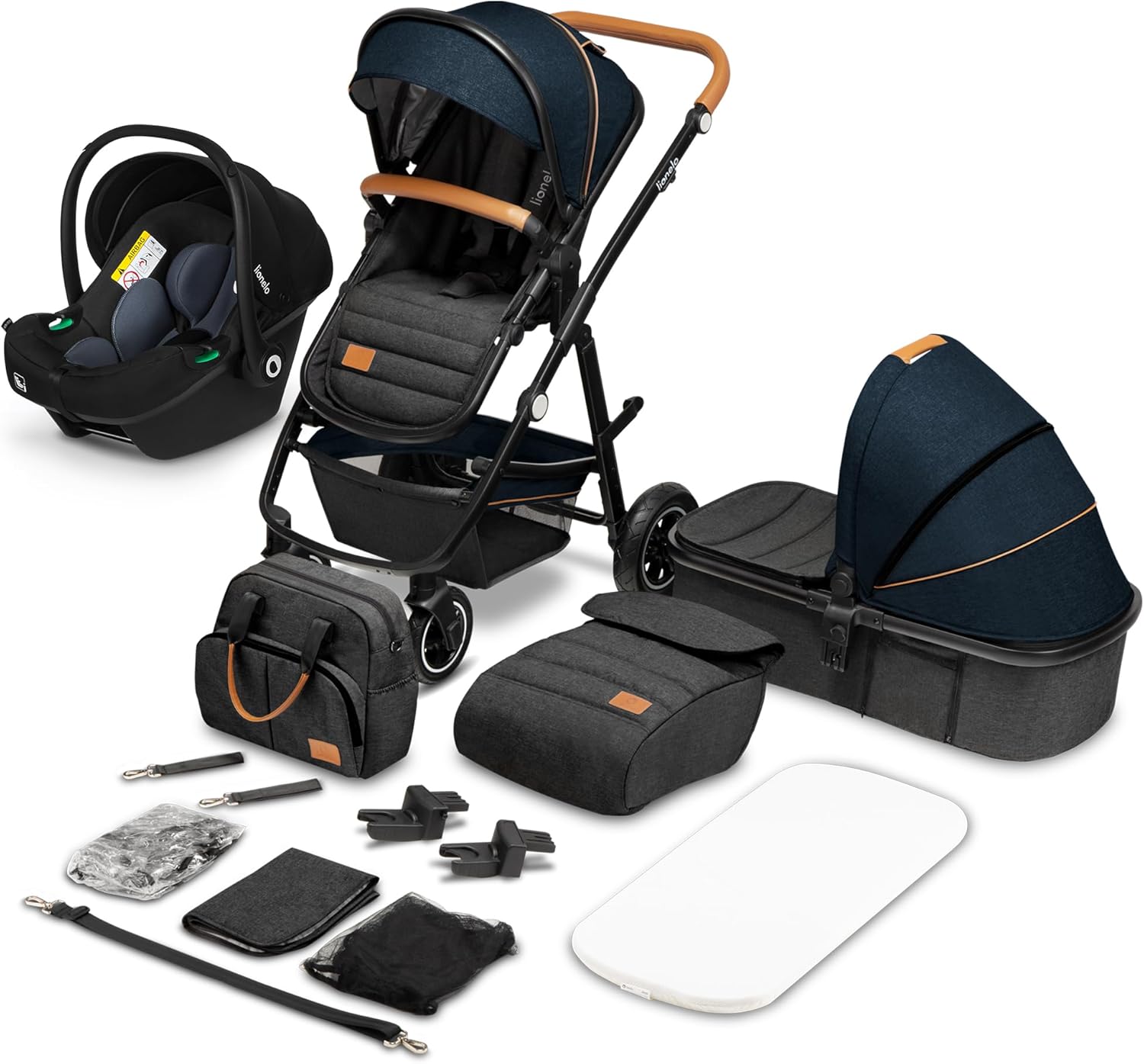 LIONELO Amber 3 in 1 poussette multifonctionnellle, landau, ensemble poussette avec siège sport et nacelle fixe, sac, moustiquaire, couvrir, feuille de pluie mit siege auto
