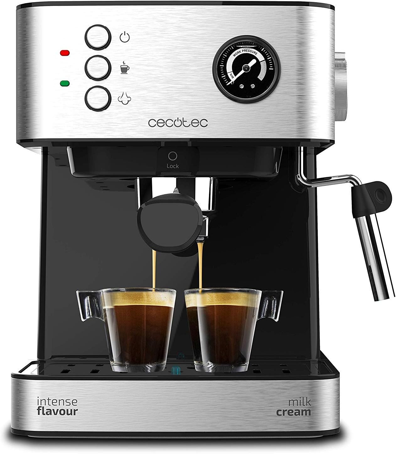 Cecotec Machine à café Express Power Espresso 20 Barista Cream. 2 Thermoblocks, 20Bars, Manomètre, Mode Auto pour 1 et 2 Café(s), Buse vapeur Orientable, Conduit pour Infusions, 2900W.