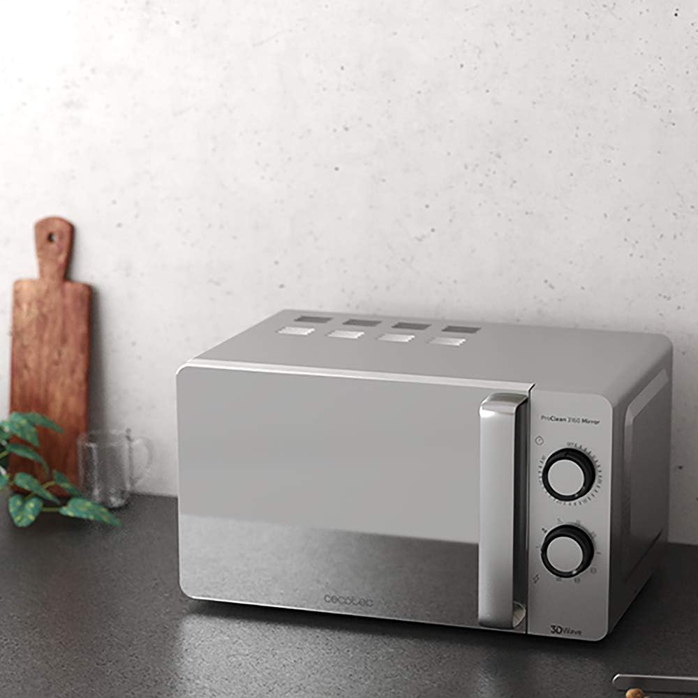 Cecotec Four à micro-ondes ProClean 9110 FullINOX avec grill 1000 W, 30 litres, 5 niveaux de puissance, 8 programmes, minuterie de 60 minutes, revêtement Ready2Clean, design avant miroir