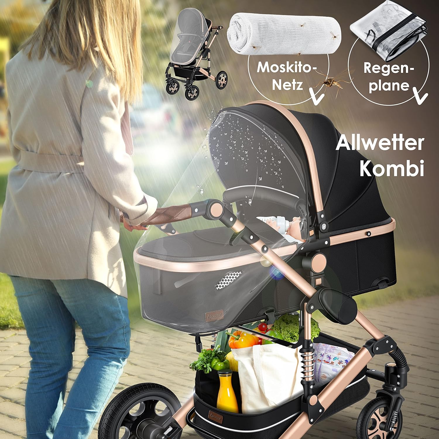 KESSER® Poussette combinée 3en1 Set incl. baignoire bébé poussette Siège sport & siège auto pour bébé Pneus pleins en caoutchouc Sac à langer Protection pluie Table pour enfant ECE R129 noir/champagne