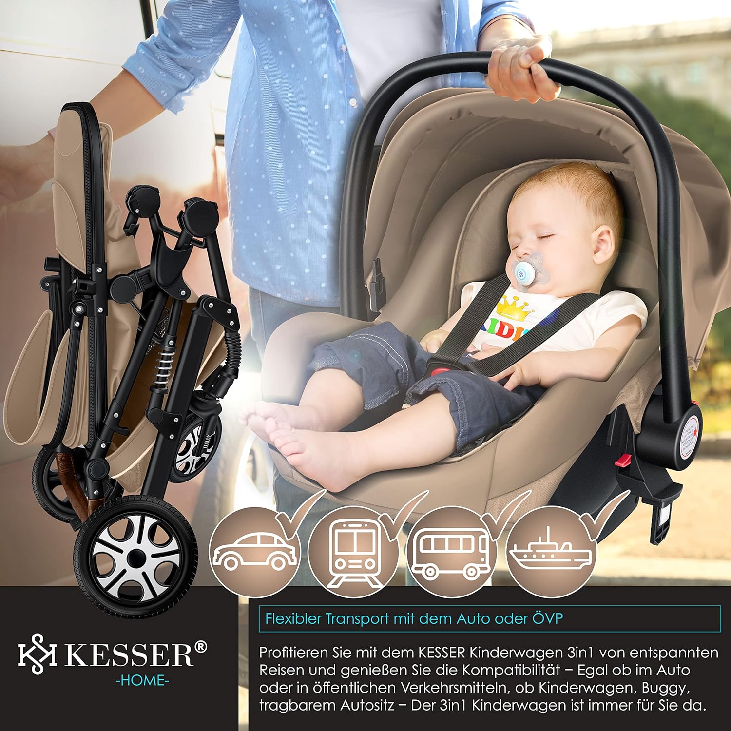 KESSER® Poussette combinée 3en1 Set incl. baignoire bébé poussette Siège sport & siège auto pour bébé Pneus pleins en caoutchouc Sac à langer Protection pluie Table pour enfant ECE R129 noir/champagne