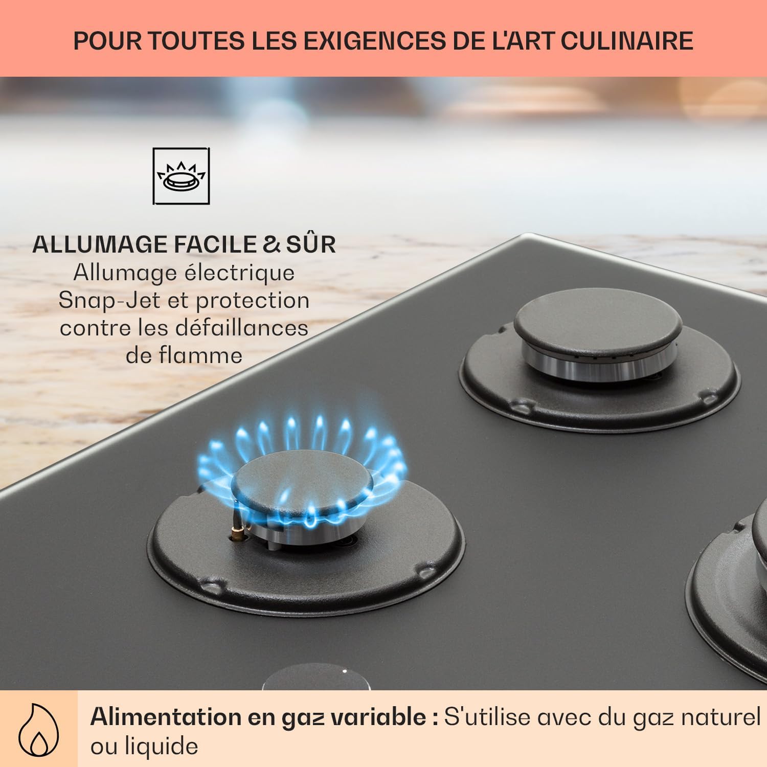 Klarstein Table de Cuisson à Gaz, Plaque de Cuisson Gaz à 4 Brûleurs, Table de Cuisson Electrique à 4 Feux de 8000W, Cuisiniere Gaz, Gaziniere Gaz avec Brûleurs en Acier Inoxydable, Cuisinières GPL