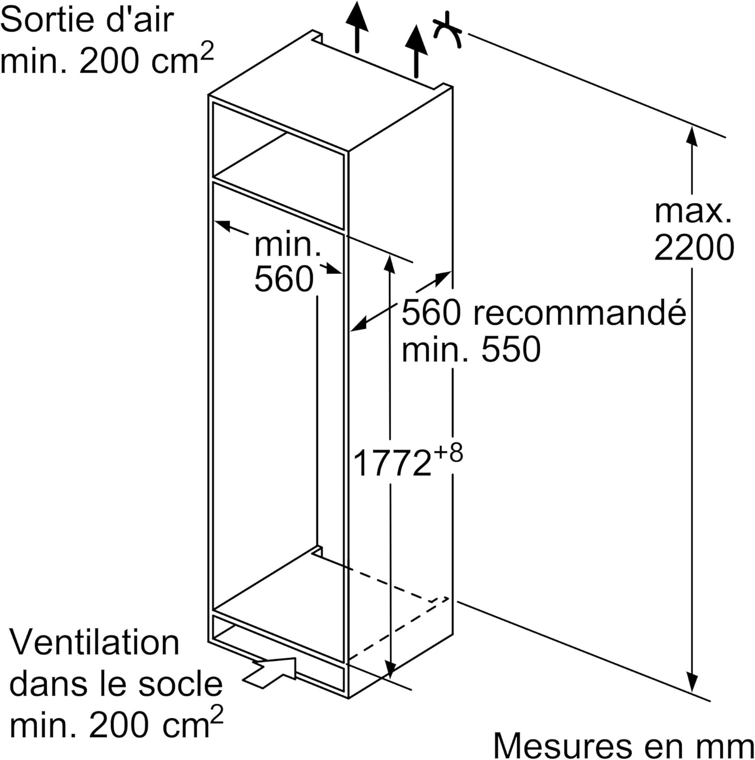 Bosch KIR81NSE0, Série 2, Réfrégirateur 1 porte, Encastrable, 177,2 x 54,1 cm, 310 L