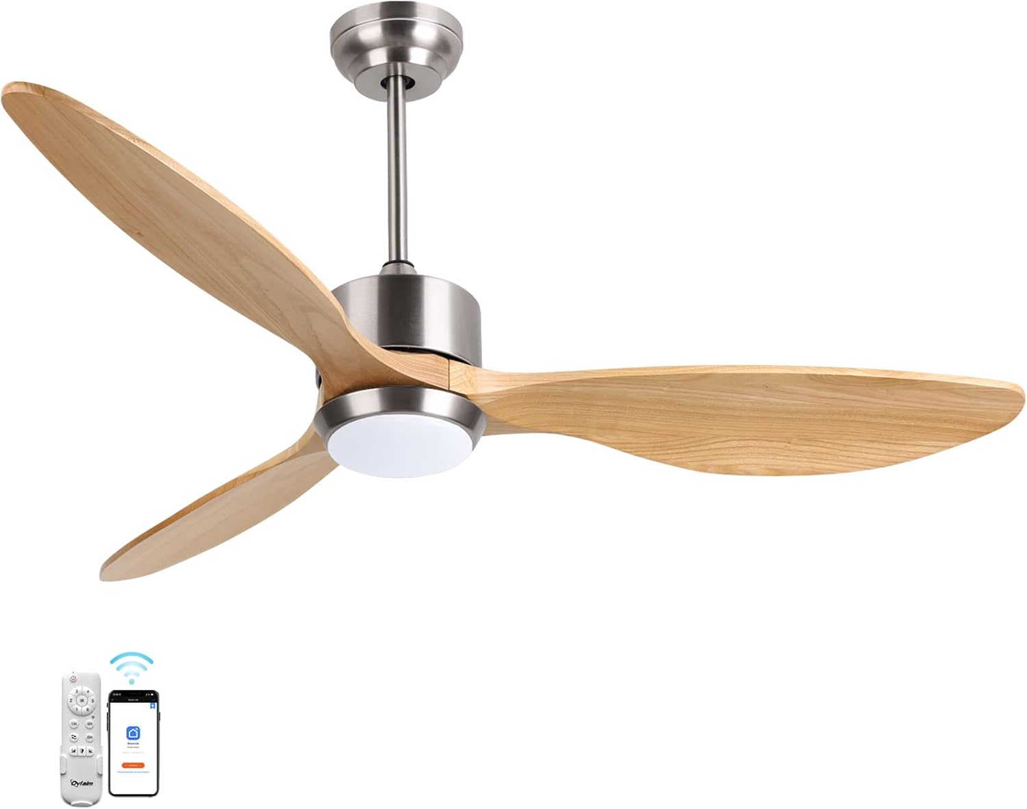 Ovlaim 132cm intérieur extérieur 3 pales hélice Smart ventilateur de plafond, Ventilateur de plafond en bois massif à moteur DC silencieux avect