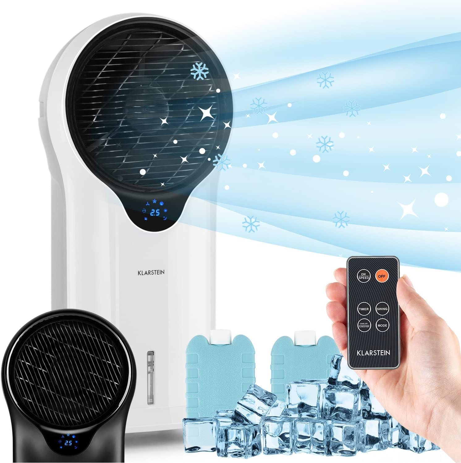 Klarstein Climatiseur Mobile 3 en 1, Climatiseur Portable avec Humidificateur, Ventilateur, Climatiseur Mobile Sans Évacuation, 2 Pack Glacons, Minuterie, 3 Modes, 90W, Puissant Débit d'Air 1600m³/h