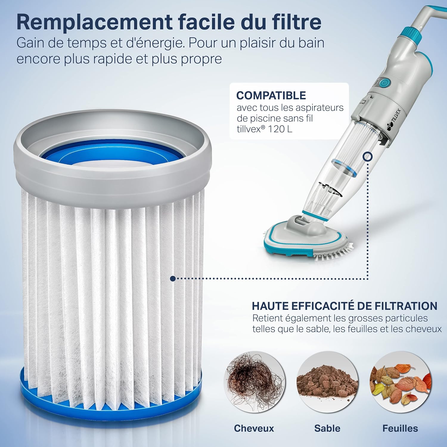 tillvex Aspirateur Électrique pour Piscines | Nettoyeur de Piscine sans Fil avec Manche Télescopique | Kit de Nettoyage avec Filtre & 2 Vitesses | Rechargeable
