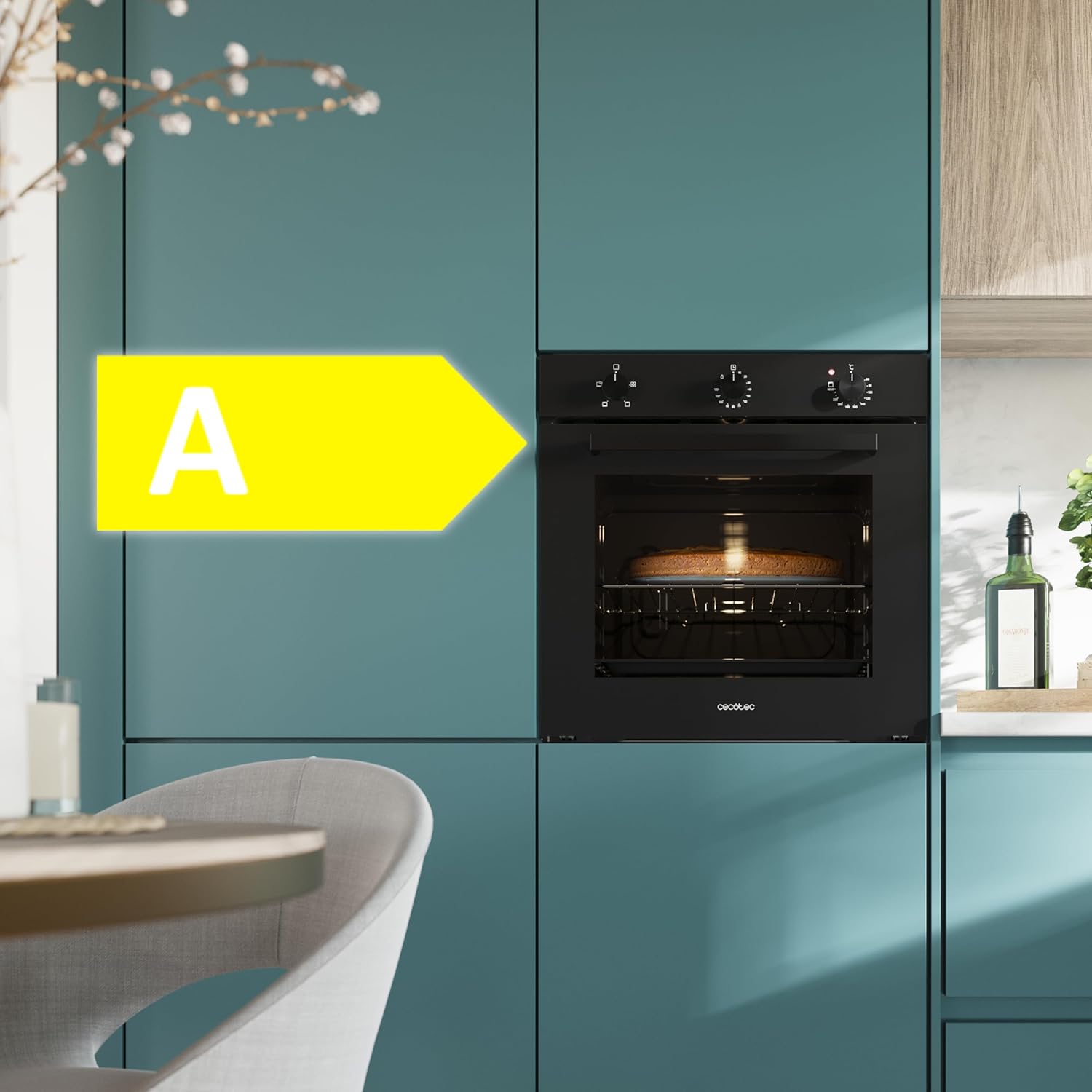 Cecotec Four encastrable Bolero Hexa C136000 Glass Black Time A 2800 W, capacité de 77 L, 4 fonctions, Minuterie, Nettoyage à la vapeur, Cuisson à la vapeur. Classe Énergétique A, Lumière intérieure