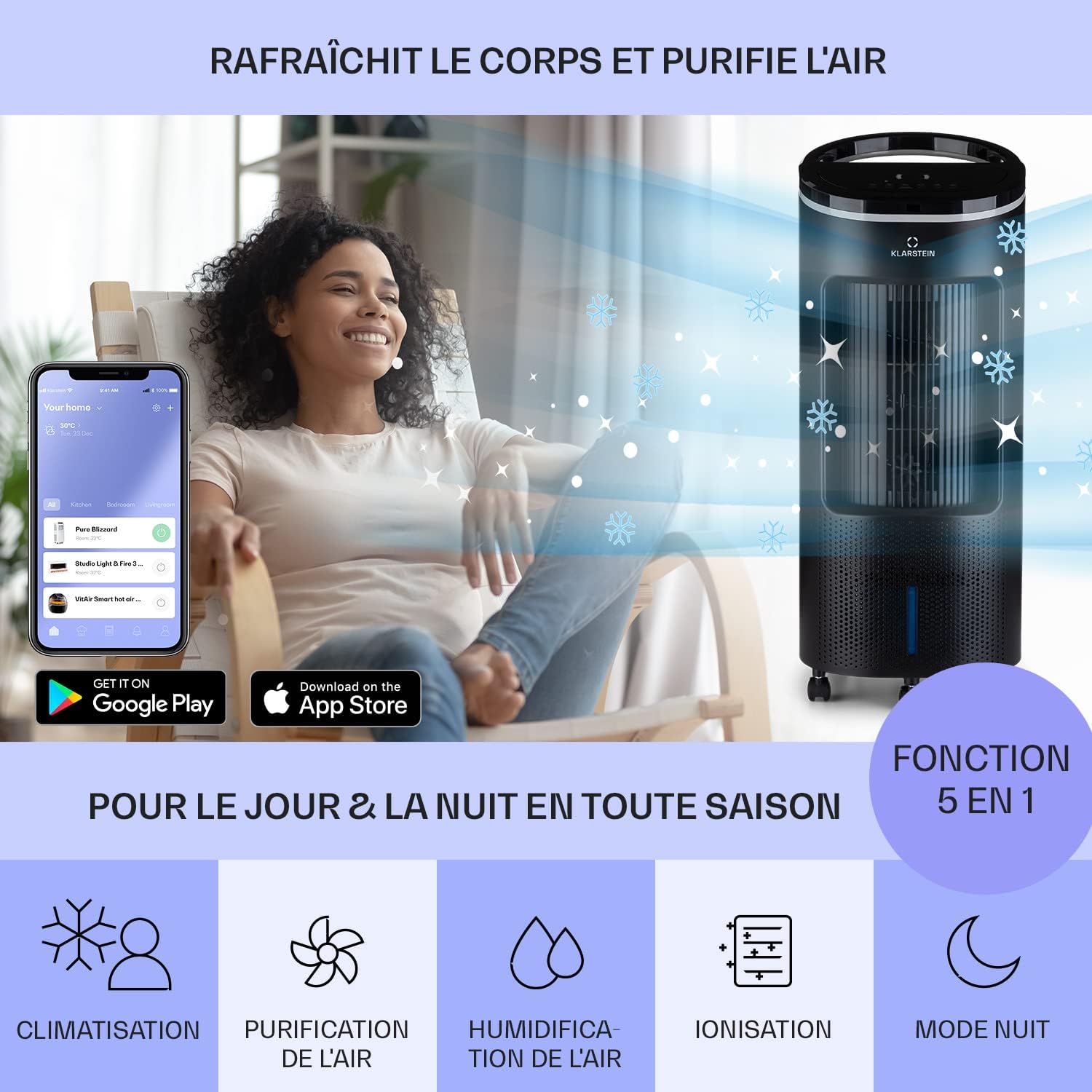 Klarstein Rafraichisseur d'Air 4 en 1, Climatiseur Portable Smart APP Mobile, Humidificateur, Ventilateur, Sans Évacuation 65W, Pack Glacons, Mode Nuit, Puissant Débit d'Air 330m³/h