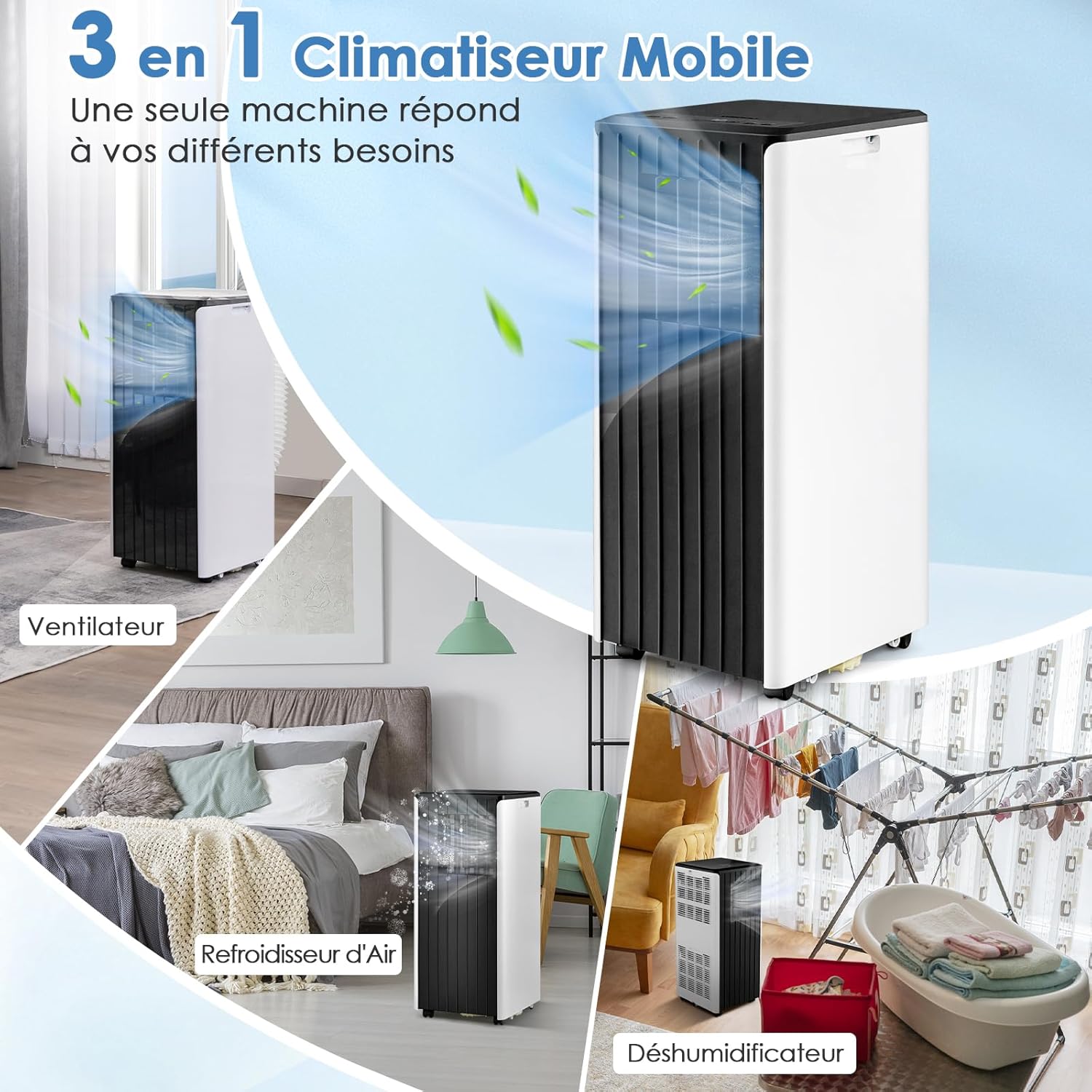 RELAX4LIFE Climatiseur Mobile Silencieux 9000BTU, Climatiseur Portable 4 en 1, Refroidisseur d'Air, Ventilateur, Déshumidificateur, Mode Nuit, 15-20㎡, Télécommande, Minuterie 24H, Classe Energie A