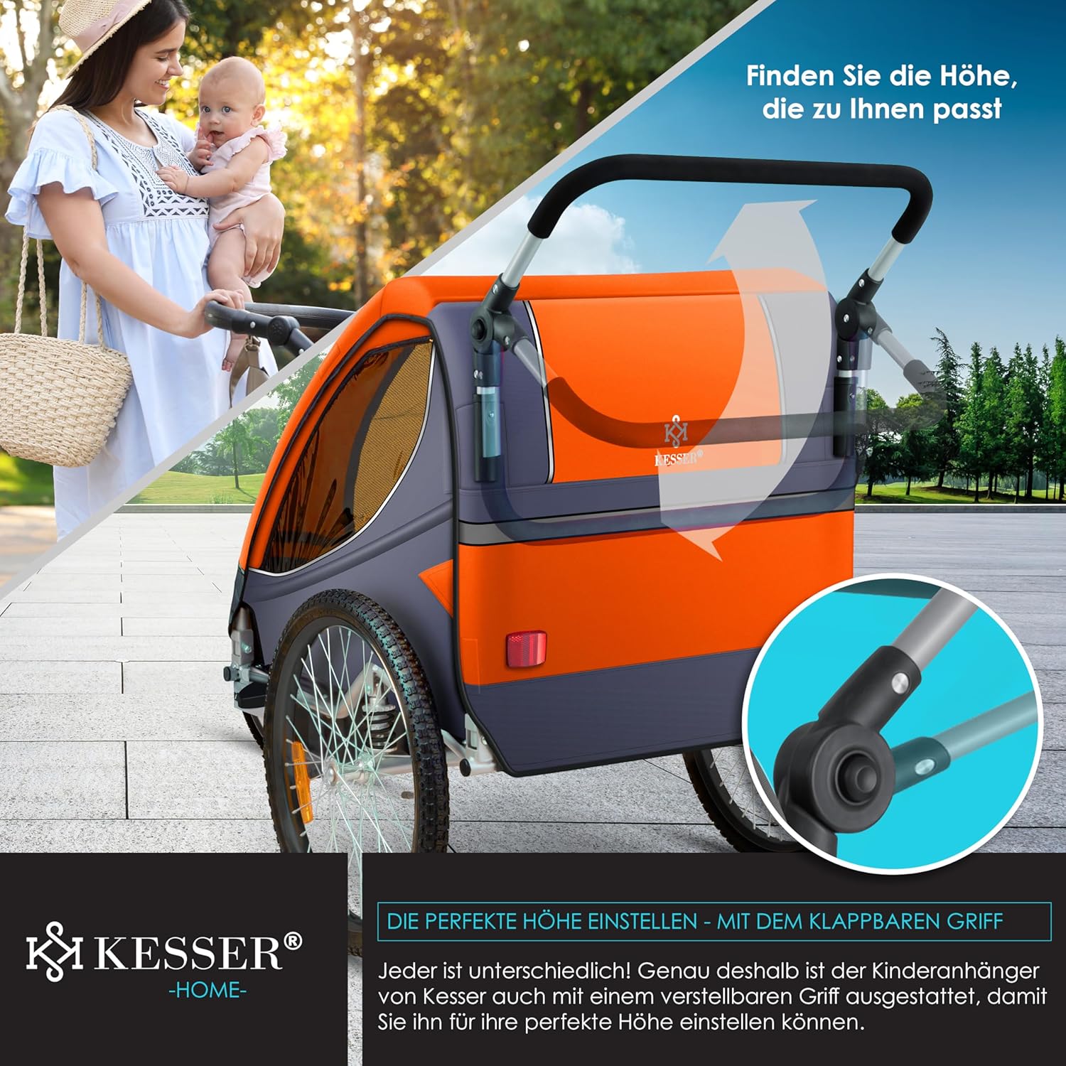 KESSER® Remorque de vélo pour enfant - Rotation à 360° - Avec suspension 2 en 1 - Fonction jogger - Remorque de vélo pour enfant - Sangle à 5 points - Pour 1 à 2 enfants - 40 kg