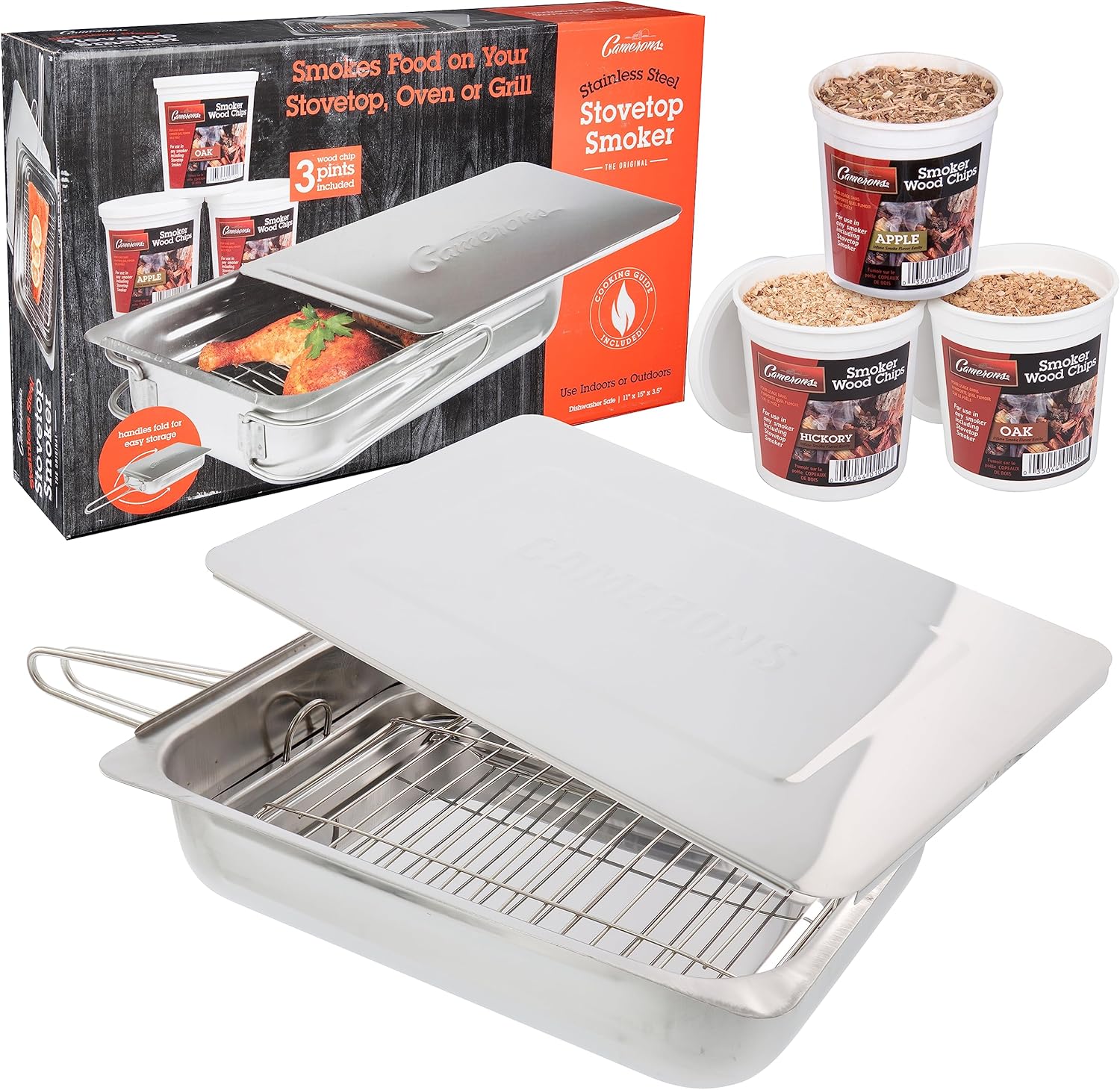 Camerons Fumoir pour cuisinière – Le fumoir Original en Acier Inoxydable avec 3 pintes de copeaux de Bois, CAM_SMKW3PTS_C31-CA