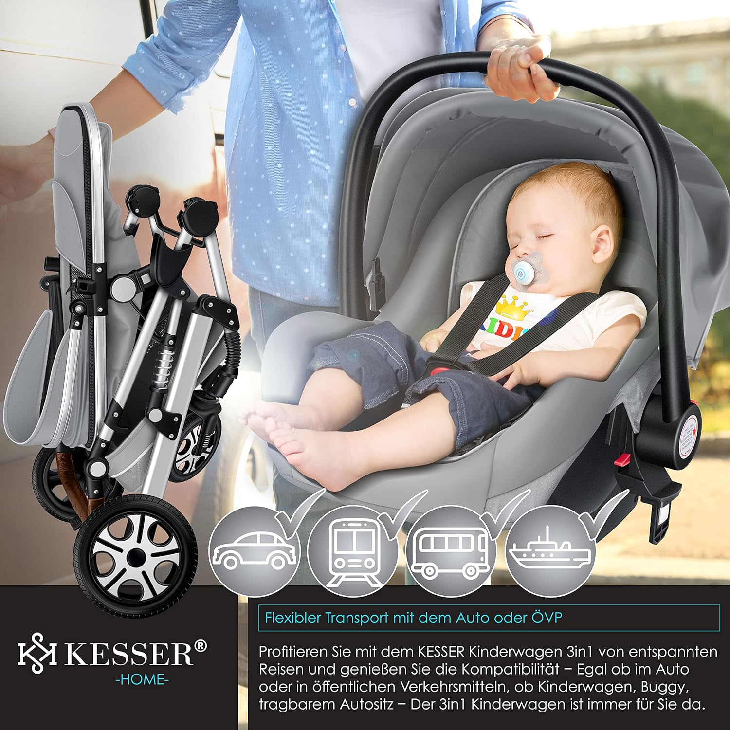 KESSER® Poussette combinée 3en1 Set incl. baignoire bébé poussette Siège sport & siège auto pour bébé Pneus pleins en caoutchouc Sac à langer Protection pluie Table pour enfant ECE R129 noir/champagne