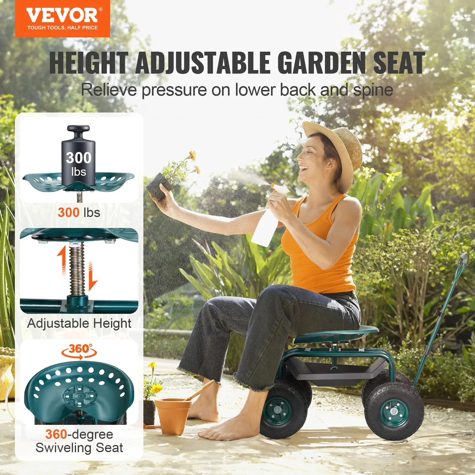 VEVOR Garden Cart Rolling Workseat with Wheels
