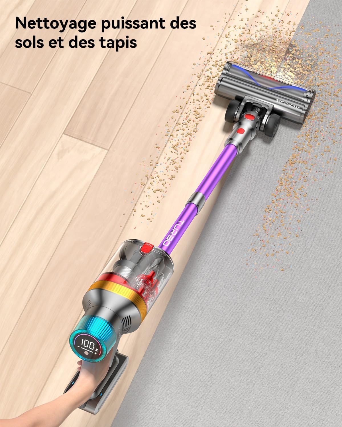 aonus A9 Max Aspirateur Balai sans Fil 48Kpa/600W/70Mins, Aspirateur sans Fil Puissant, Autoportant, 1.8L Ultra Grande Capacité, Écran Tactile Intelligent pour Les Poils d'animaux/Sols Durs/Tapis