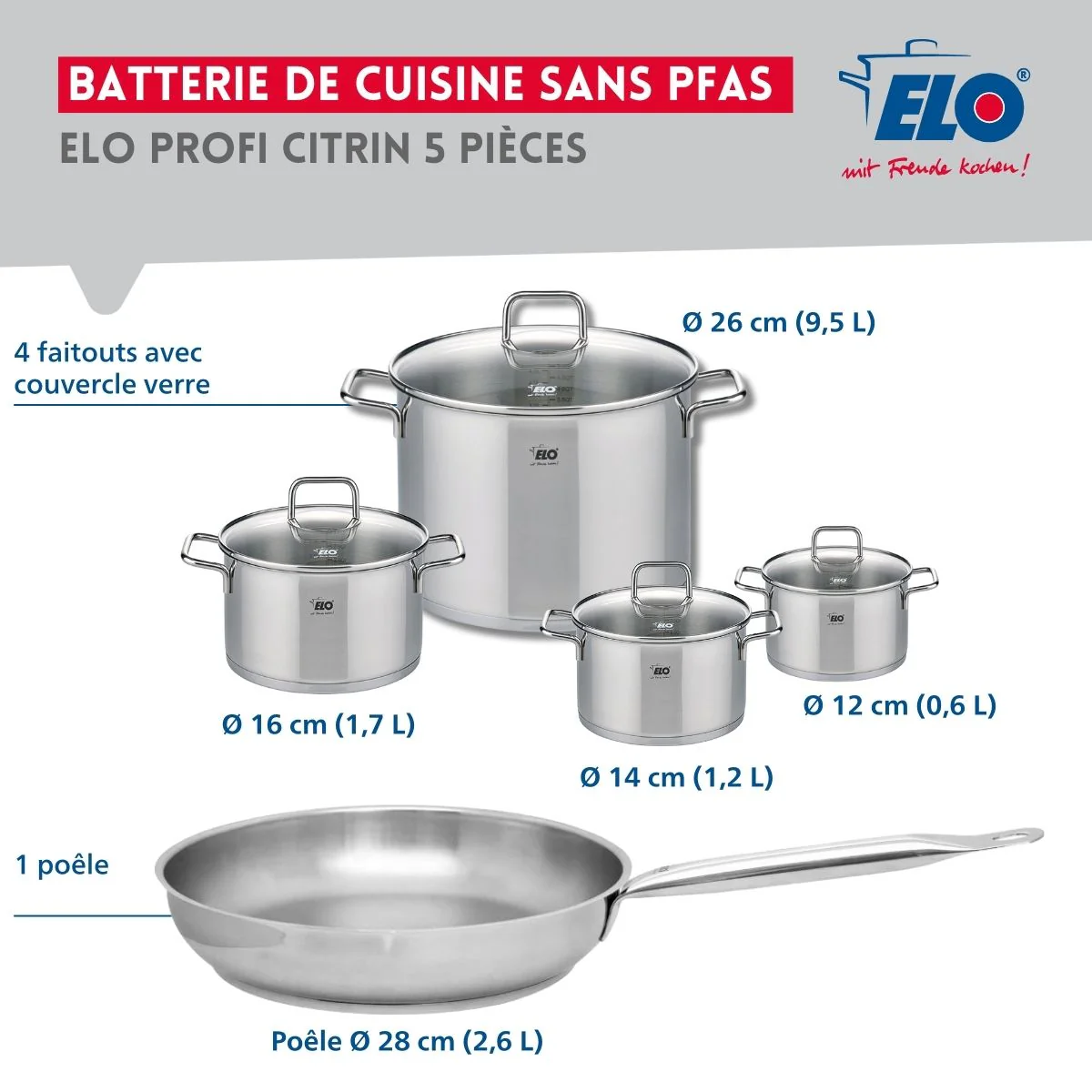Ensemble de 1 Poêle de cuisson 28 cm et 4 faitouts 12, 14, 16 et 26 cm Elo Profi Citrin Elo