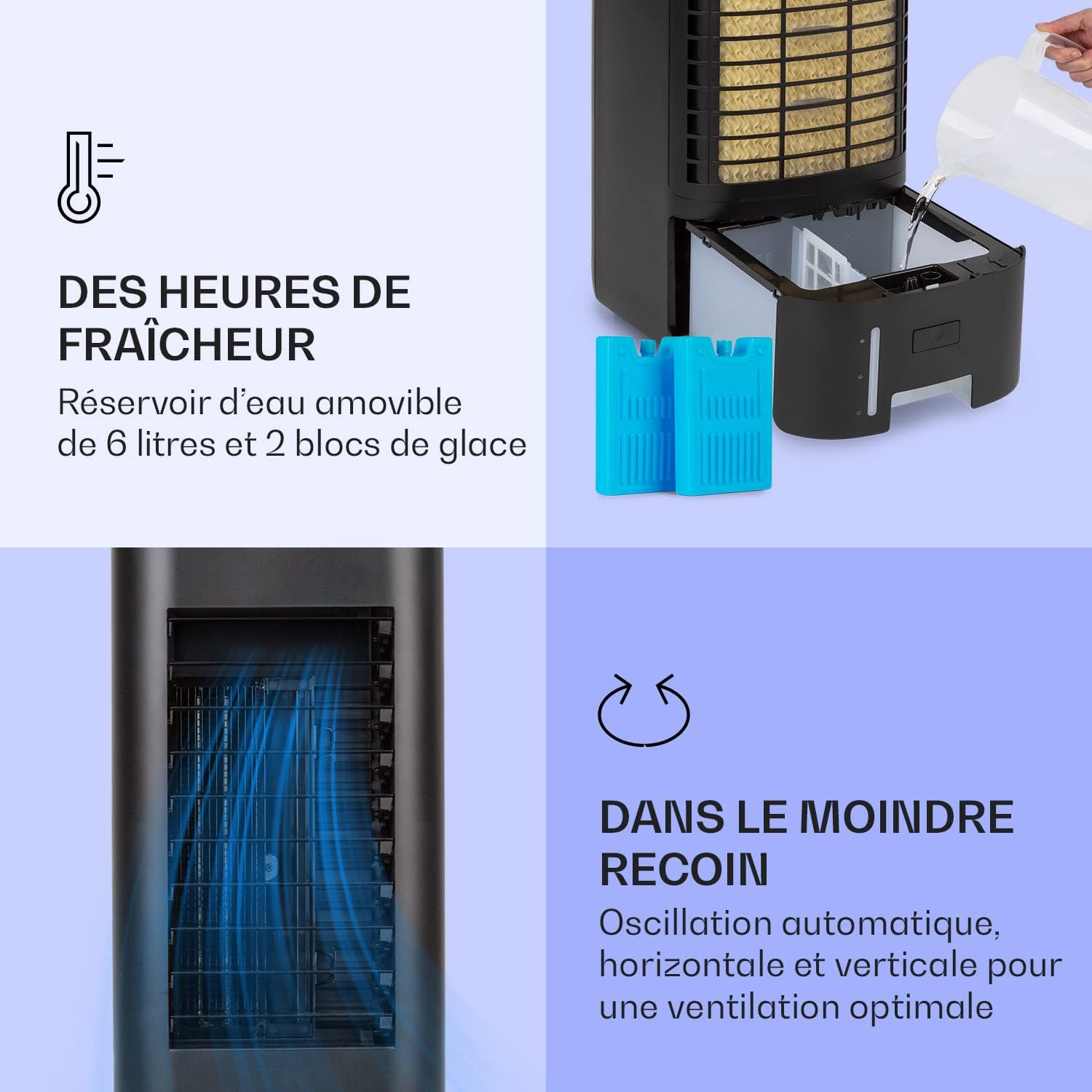 Klarstein Rafraichisseur d'Air 4 en 1, Climatiseur Portable Smart APP Mobile, Humidificateur, Ventilateur, Sans Évacuation 65W, Pack Glacons, Mode Nuit, Puissant Débit d'Air 330m³/h