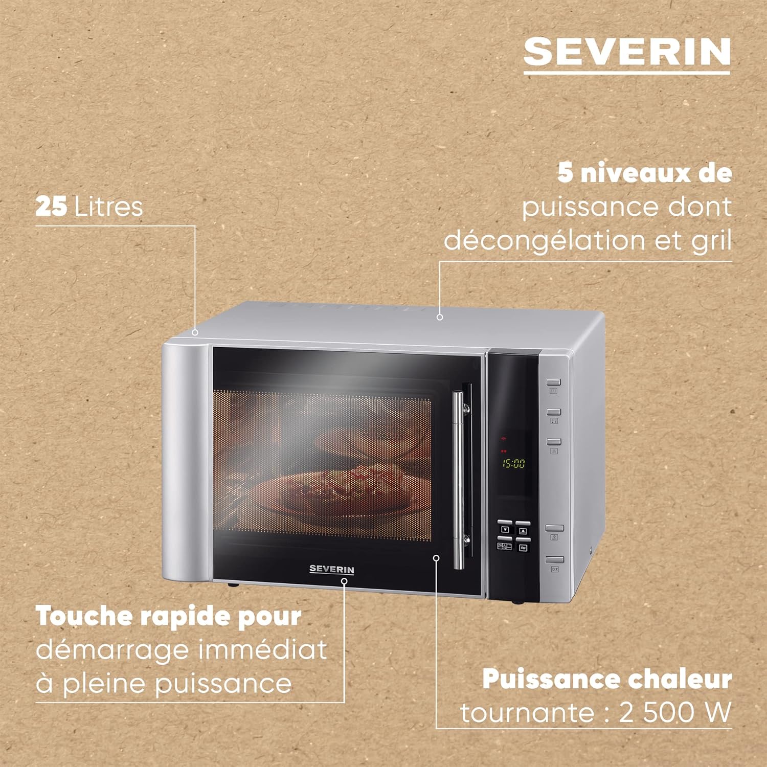 SEVERIN Four à micro-ondes 30 L, 2 500 W, avec fonction gril et chaleur tournante, avec 5 niveaux de puissance, 10 programmes automatiques, Inox/Noir, MW 7775